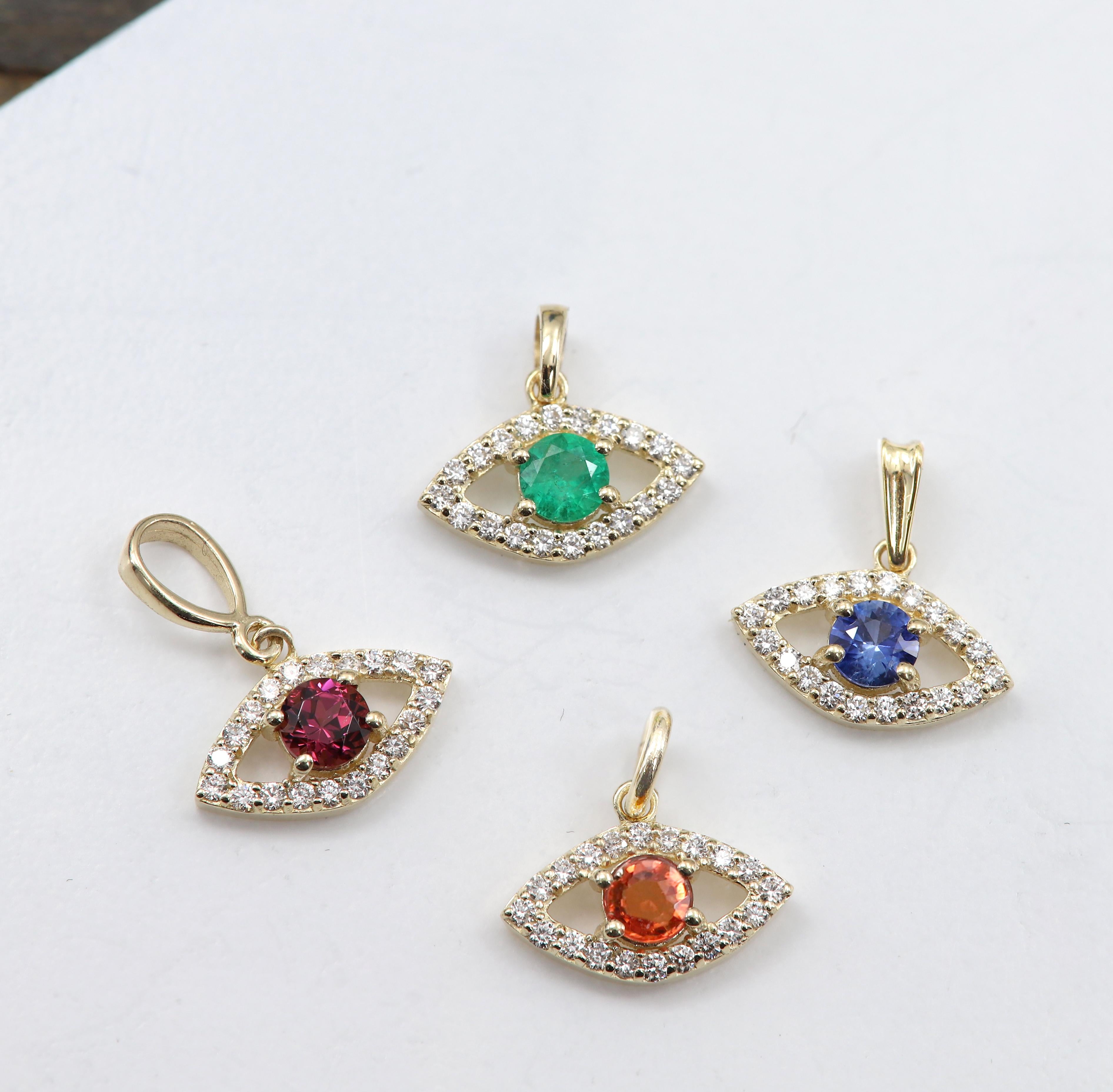 Round Cut Mini Diamond Evil Eye 14 Karat Yellow Gold with Center Natural Blue Sapphire For Sale