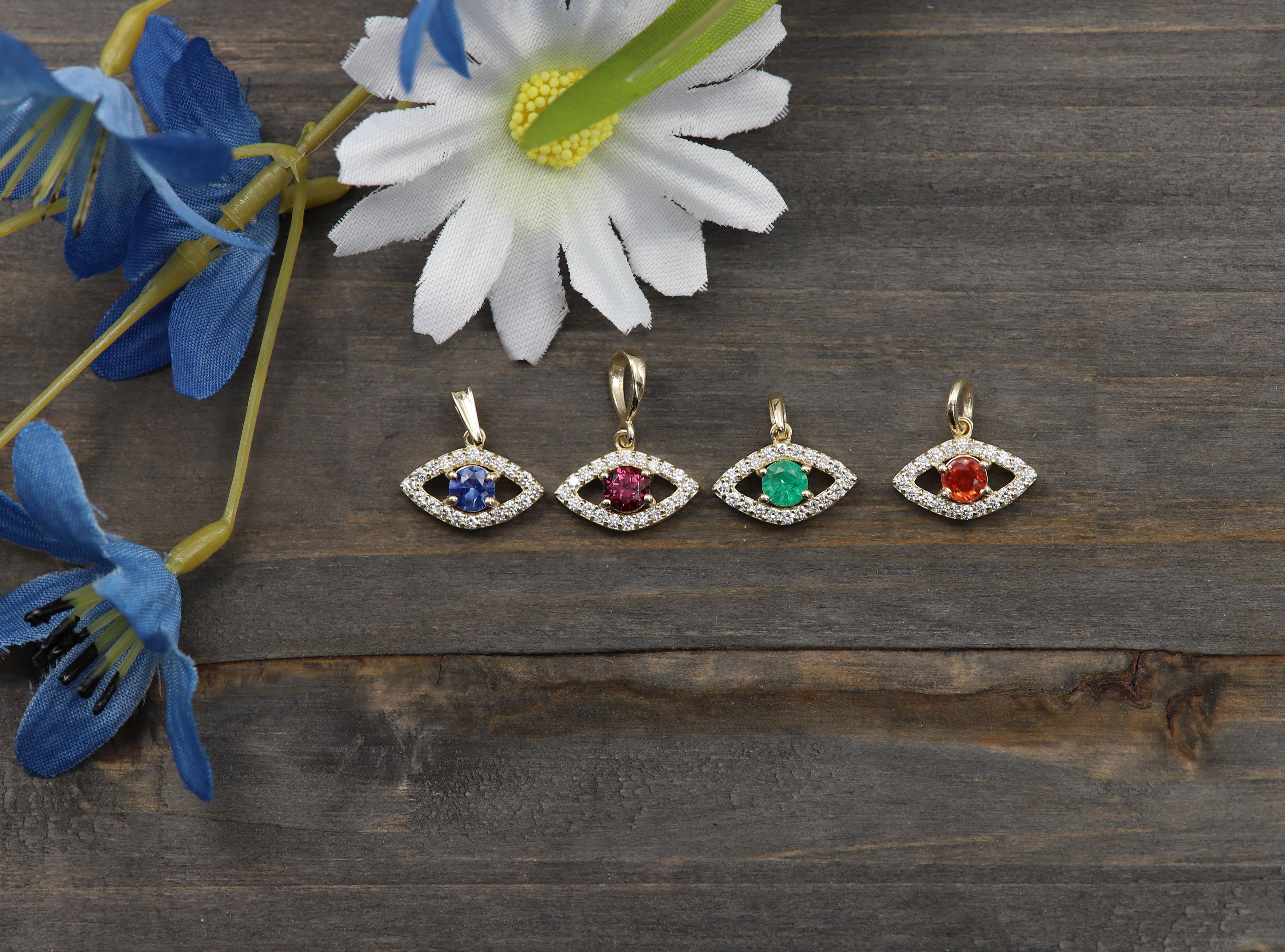 Mini Diamond Evil Eye 14 Karat Yellow Gold with Center Natural Blue Sapphire For Sale 2