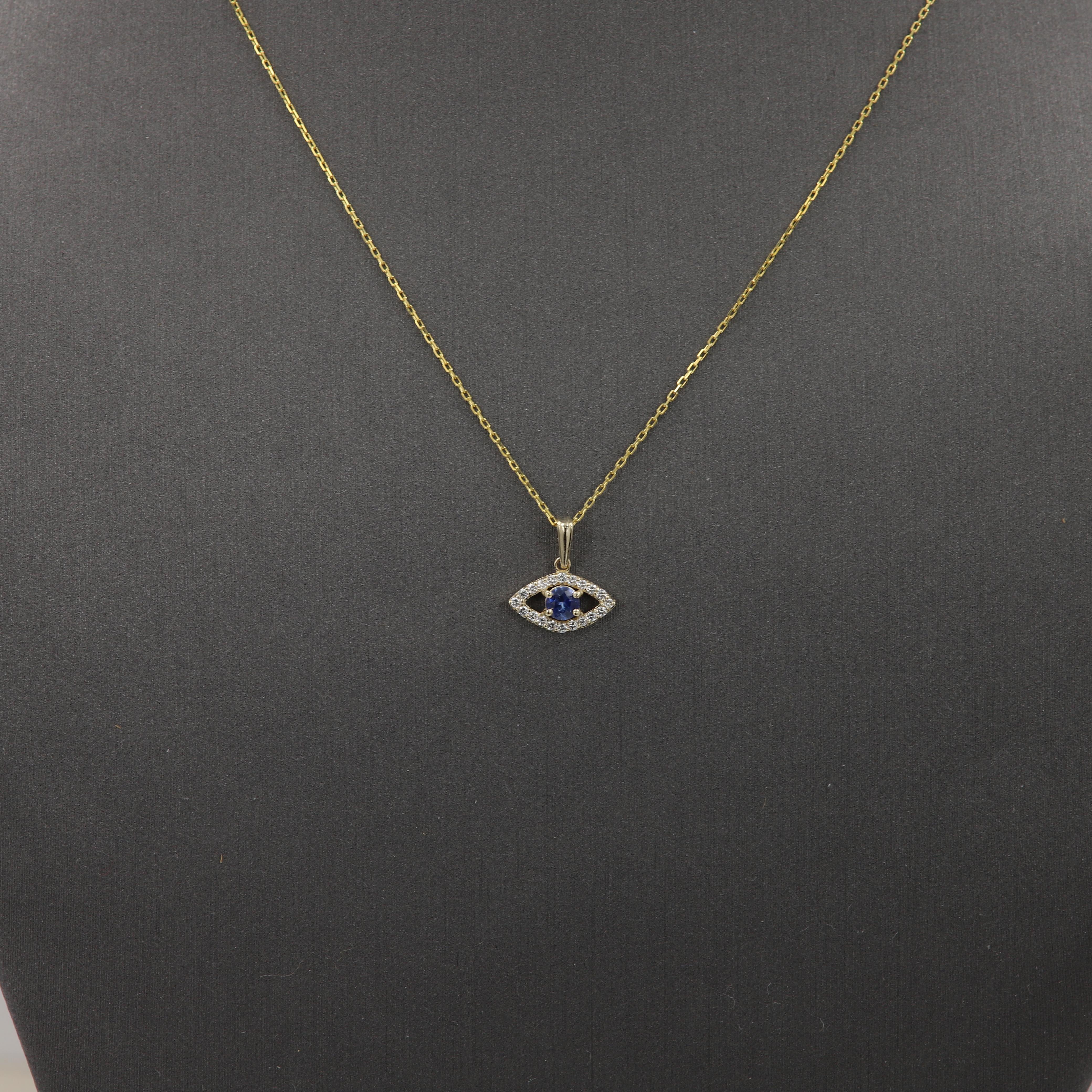 Mini Diamond Evil Eye 14 Karat Yellow Gold with Center Natural Blue Sapphire For Sale 2