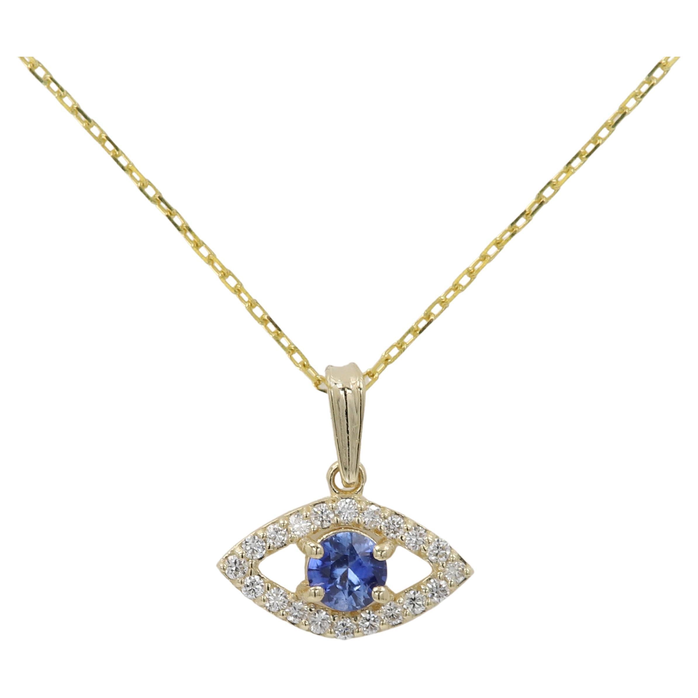 Mini Diamond Evil Eye 14 Karat Yellow Gold with Center Natural Blue Sapphire