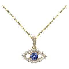 Mini Diamond Evil Eye 14 Karat Yellow Gold with Center Natural Blue Sapphire