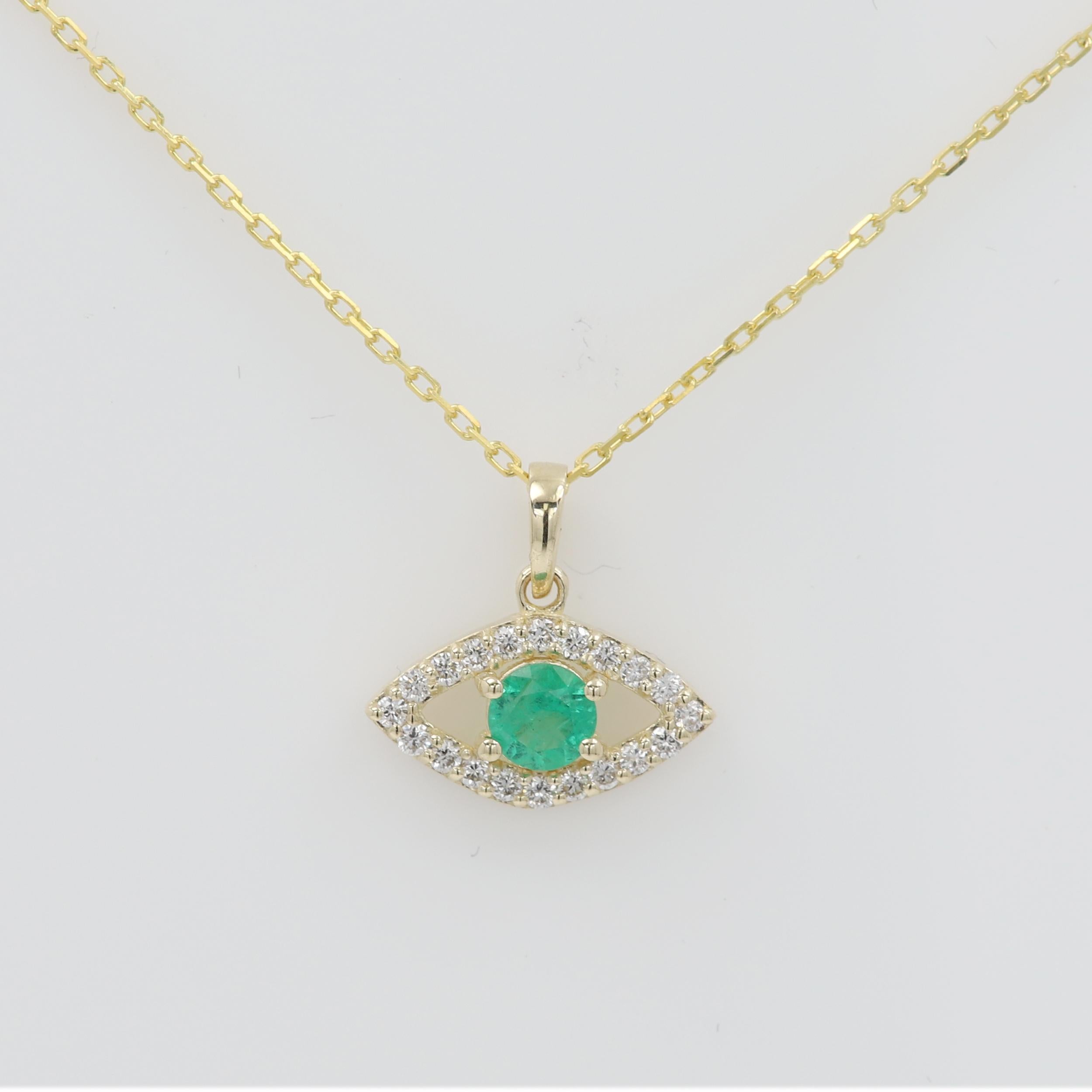 Round Cut Mini Diamond Evil Eye 14 Karat Yellow Gold with Center Natural Green Emerald For Sale