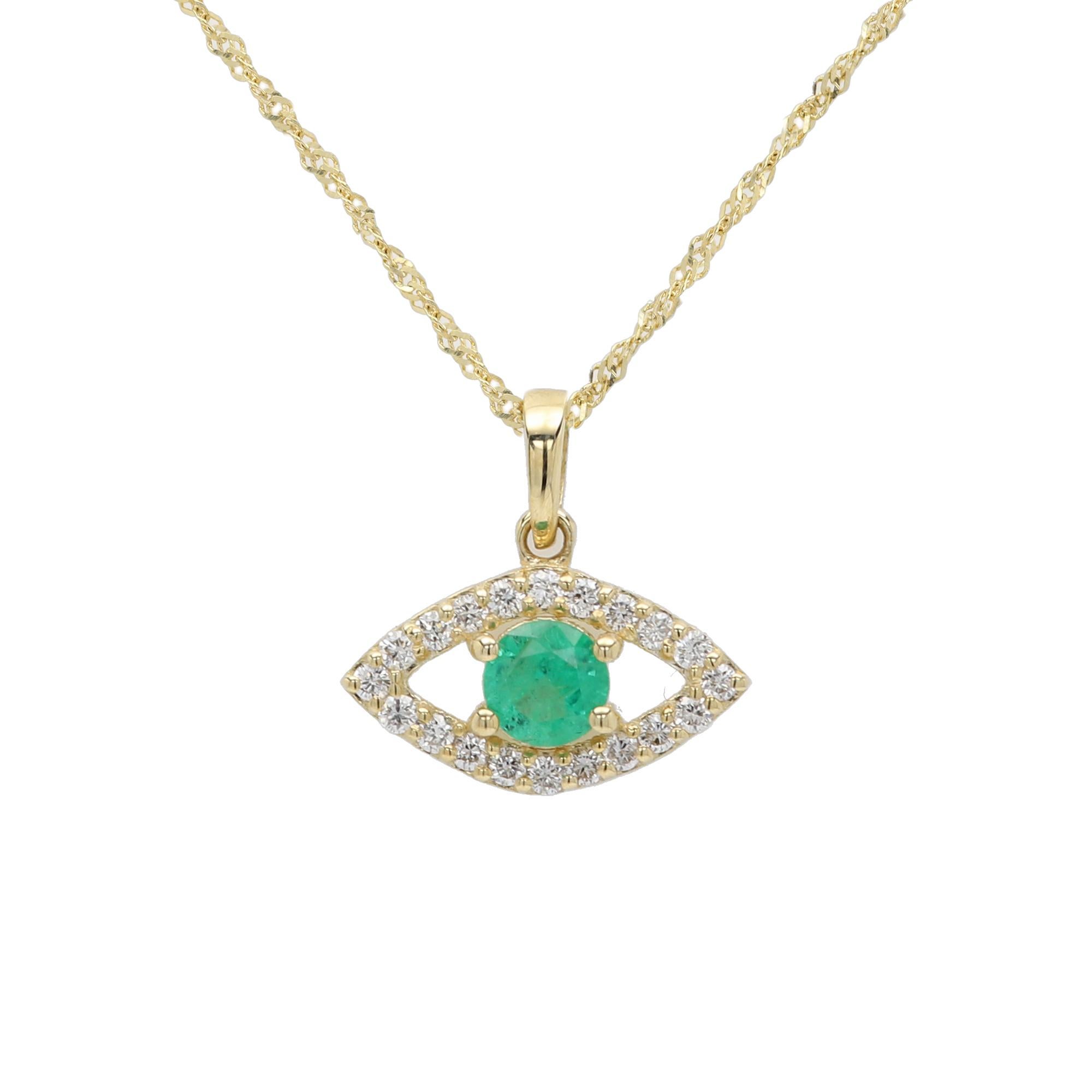 Mini-Diamant Evil Eye 14 Karat Gelbgold mit natürlichem grünem Smaragd in der Mitte im Zustand „Neu“ im Angebot in Brooklyn, NY