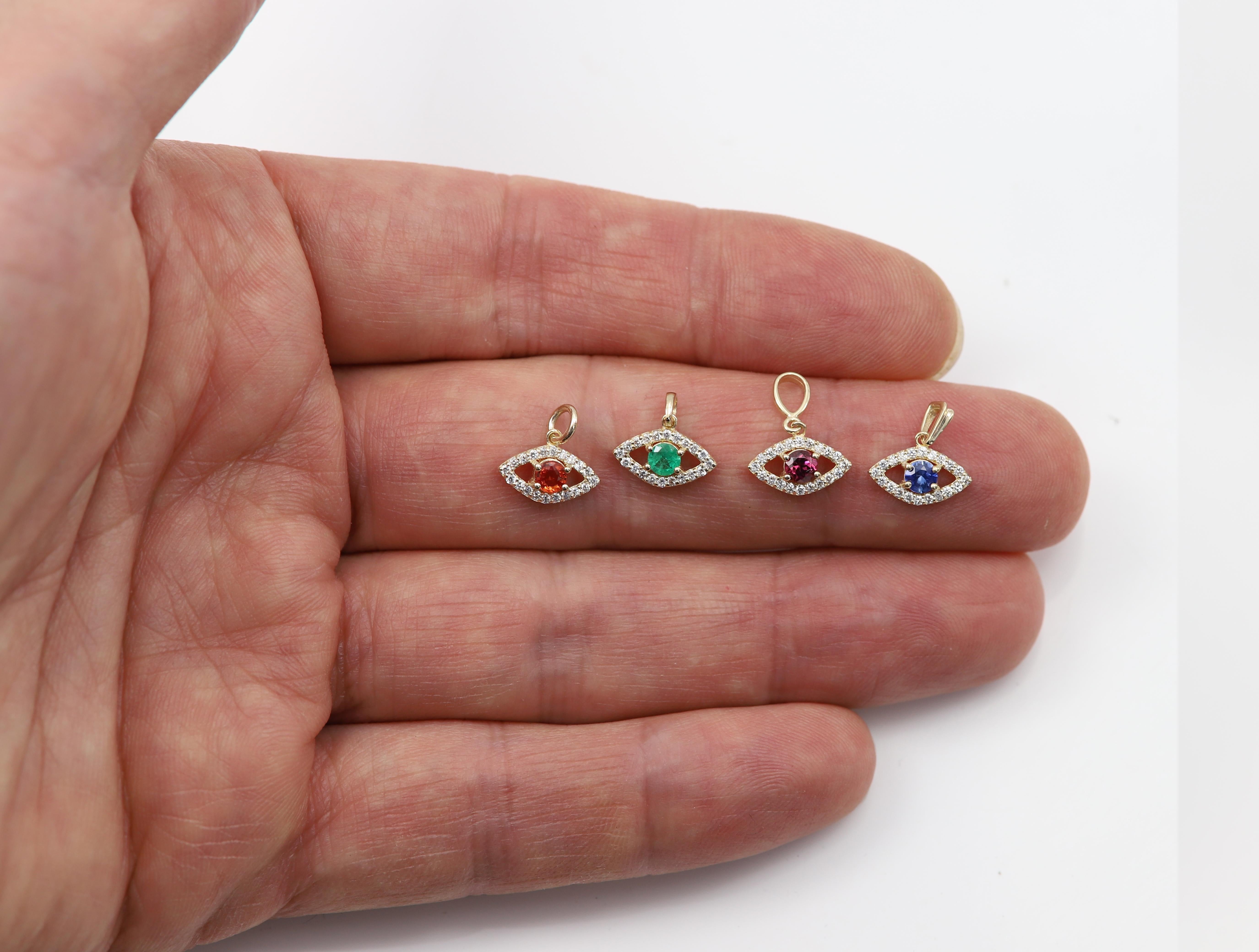 Mini Diamond Evil Eye 14 Karat Yellow Gold with Center Natural Green Emerald For Sale 3