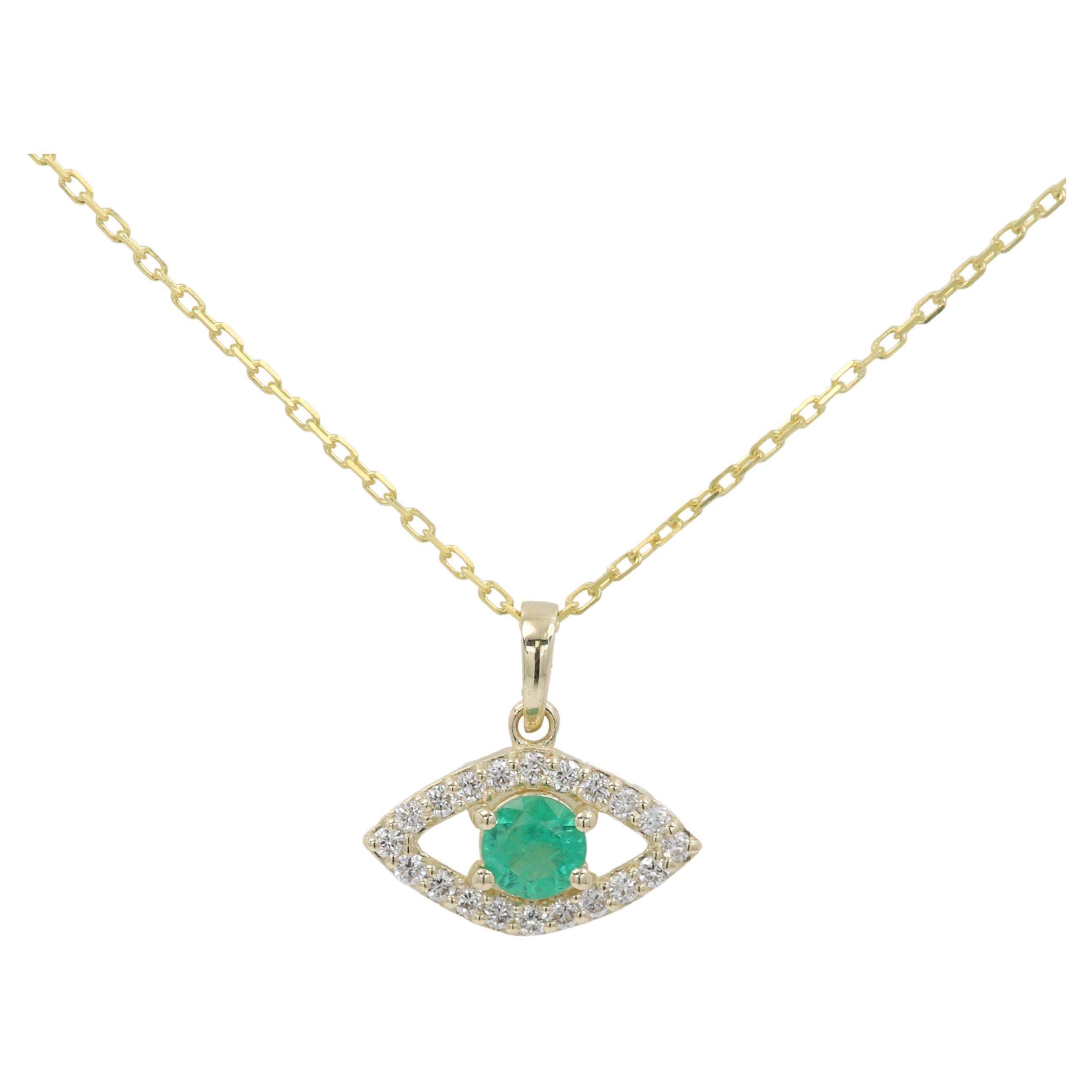 Mini Diamond Evil Eye 14 Karat Yellow Gold with Center Natural Green Emerald