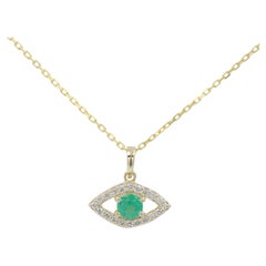 Mini Diamond Evil Eye 14 Karat Yellow Gold with Center Natural Green Emerald