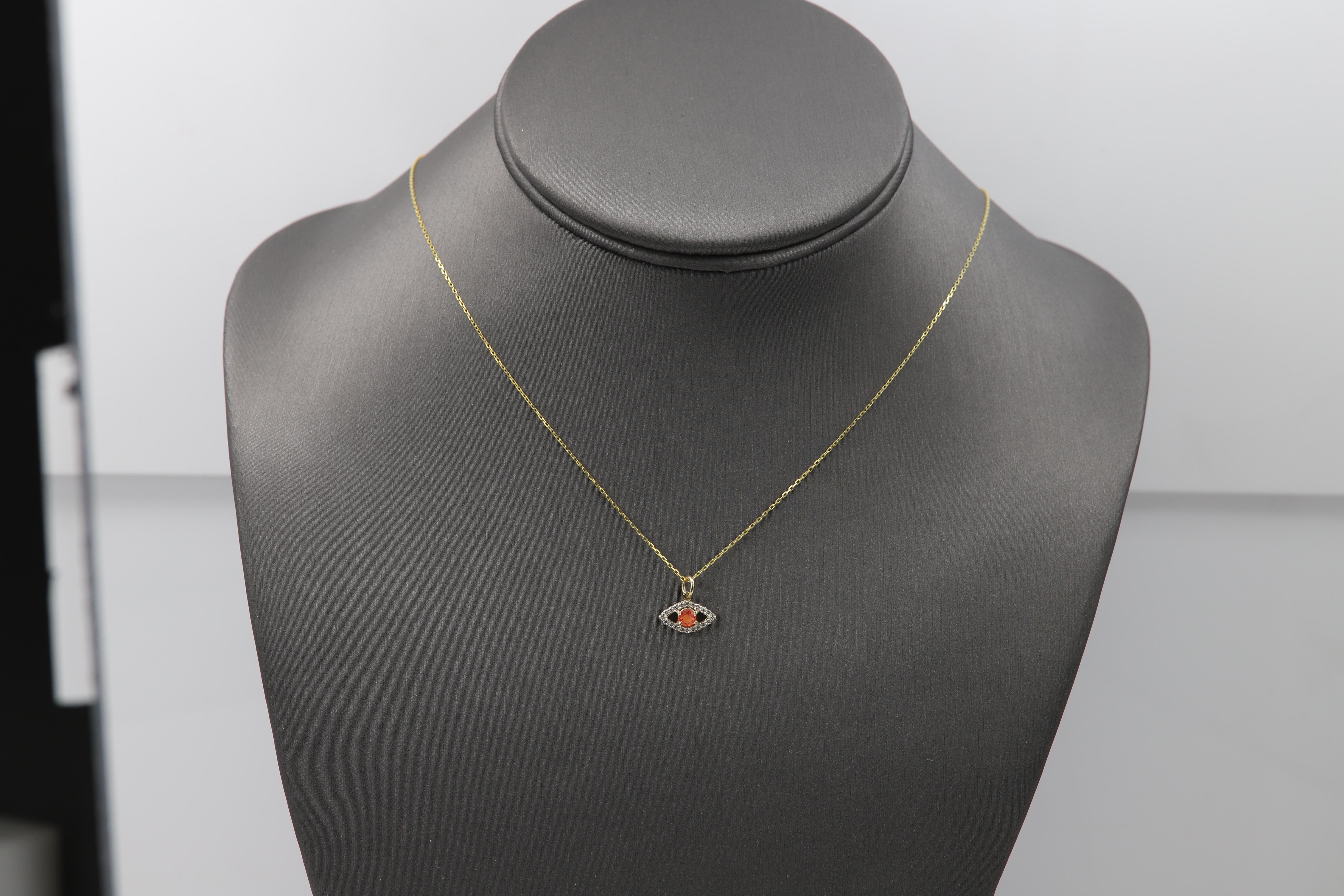 Mini Diamond Evil Eye 14 Karat Yellow Gold with Center Natural Orange Sapphire For Sale 4