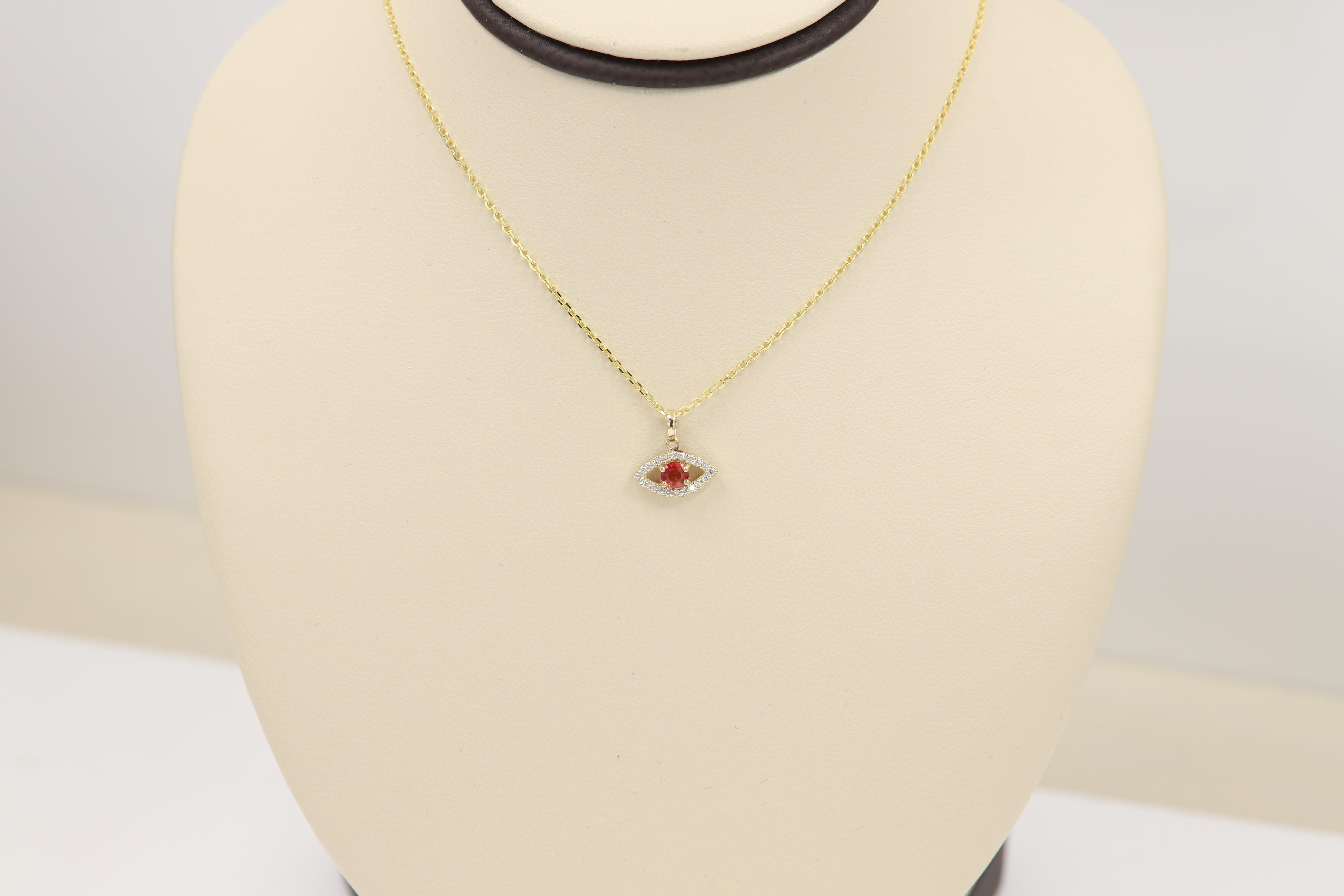 Mini Diamond Evil Eye 14 Karat Yellow Gold with Center Natural Red Sapphire In New Condition In Brooklyn, NY