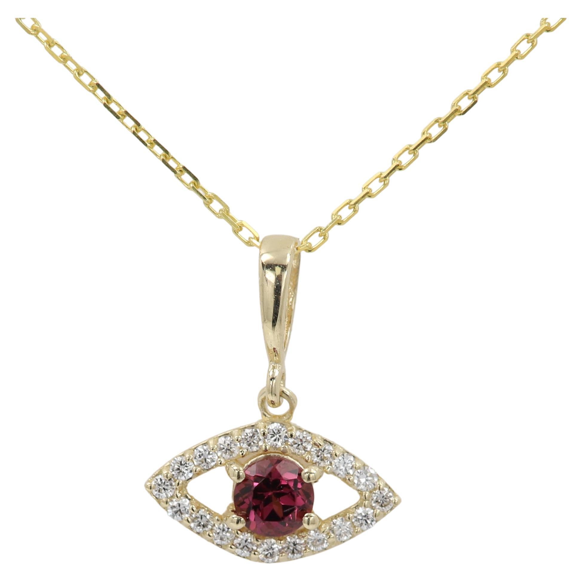 Mini Diamond Evil Eye 14 Karat Yellow Gold with Center Natural Rhodolite For Sale