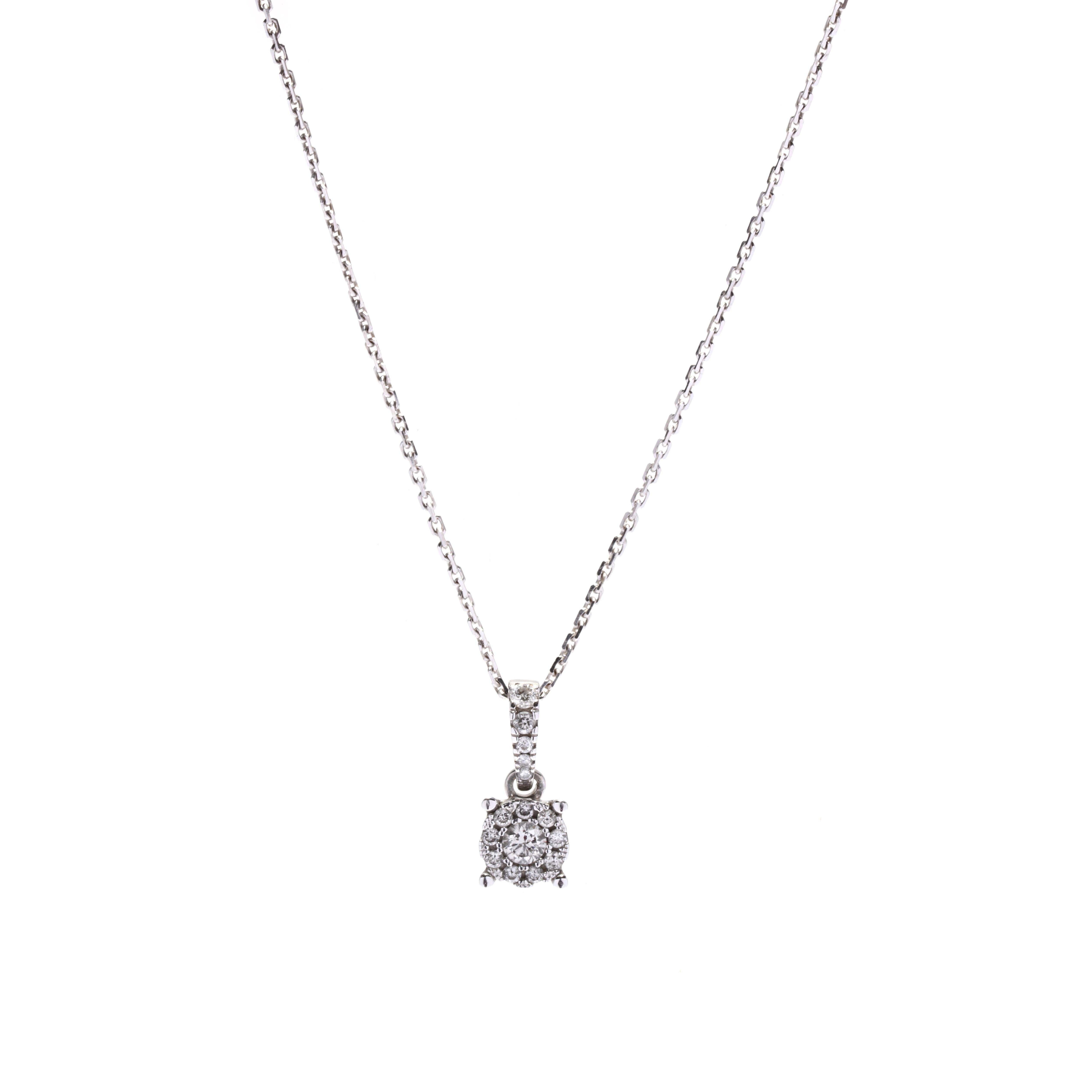 Mini Diamond Halo Pendant Necklace, 14KT White Gold In Good Condition In McLeansville, NC