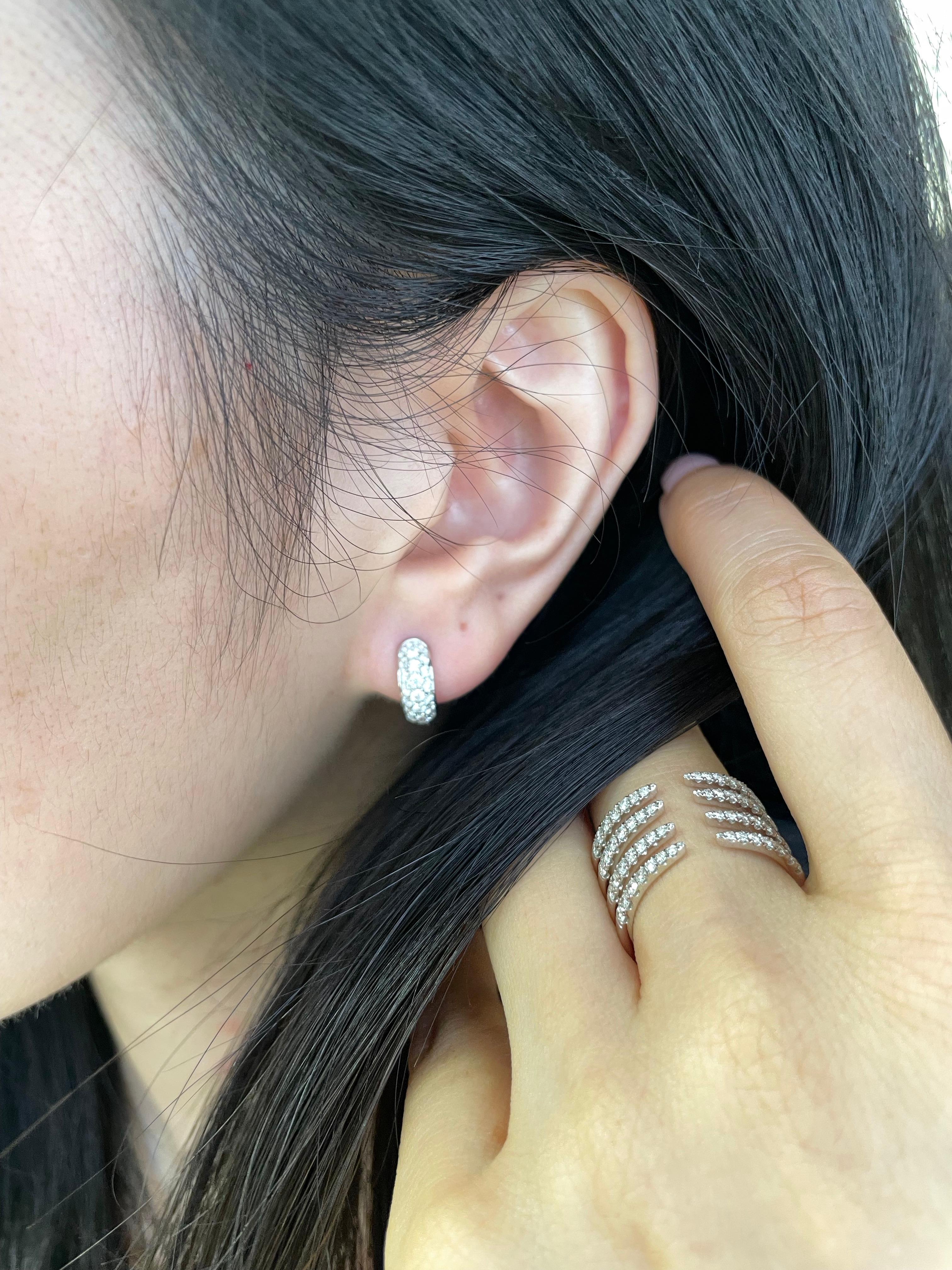 Mini Diamond Pave Huggie Hoop Earrings in 18K White Gold For Sale 3