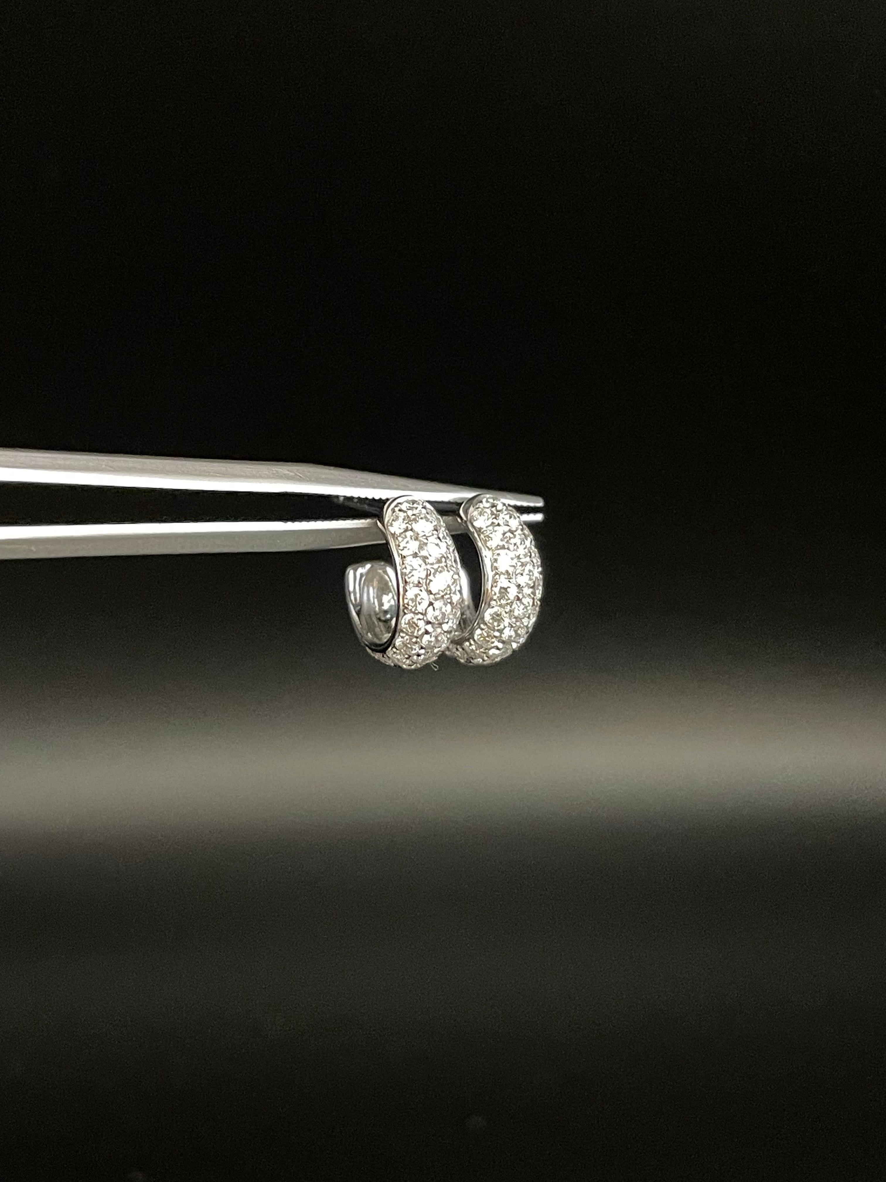 Perfect for a look of sheer elegance, these tiny hoop earrings feature three petite rows of illuminating diamonds framed in striking 18k white gold.  

Product Specifications:
- 36 Round Brilliant Cut Diamonds with 0.52ct
- 20 Round Brilliant Cut
