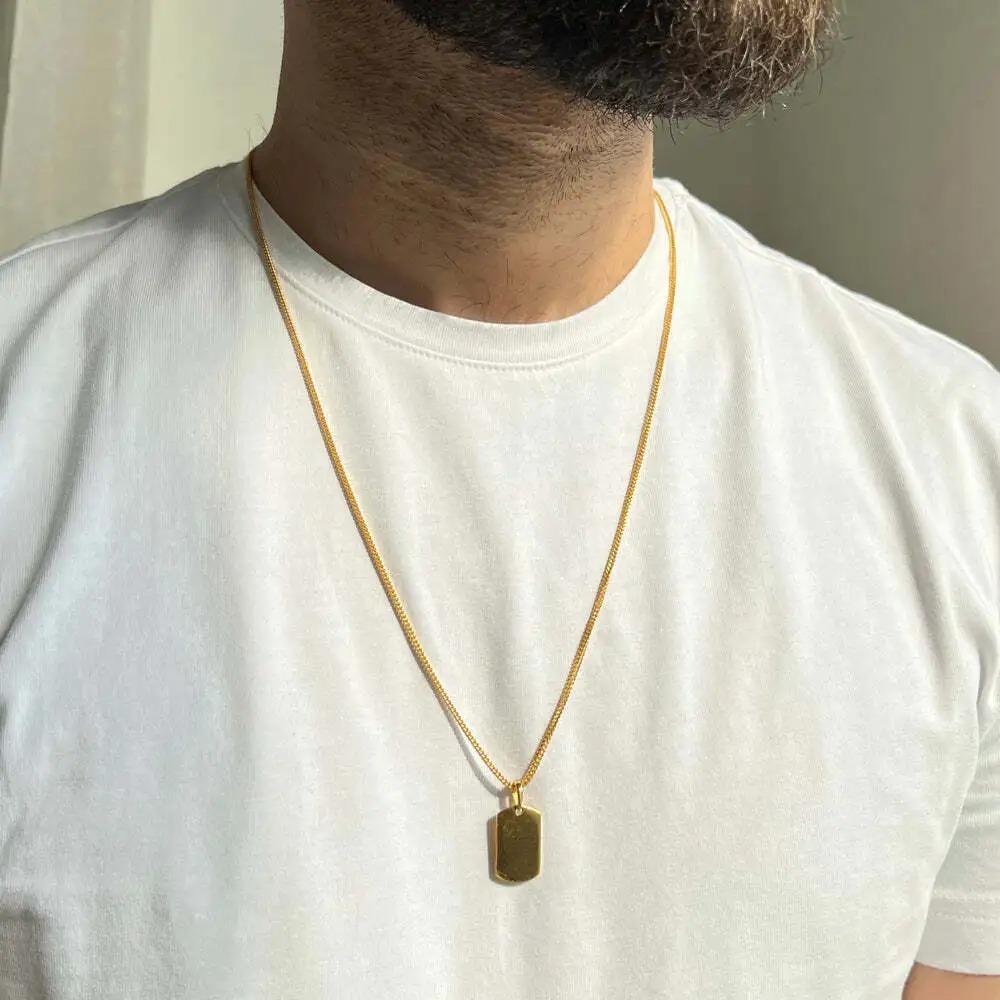 Mini Dog Tag Pendant For Men 14K Solid Gold Tag Pendant Punk Style Necklace Gift
