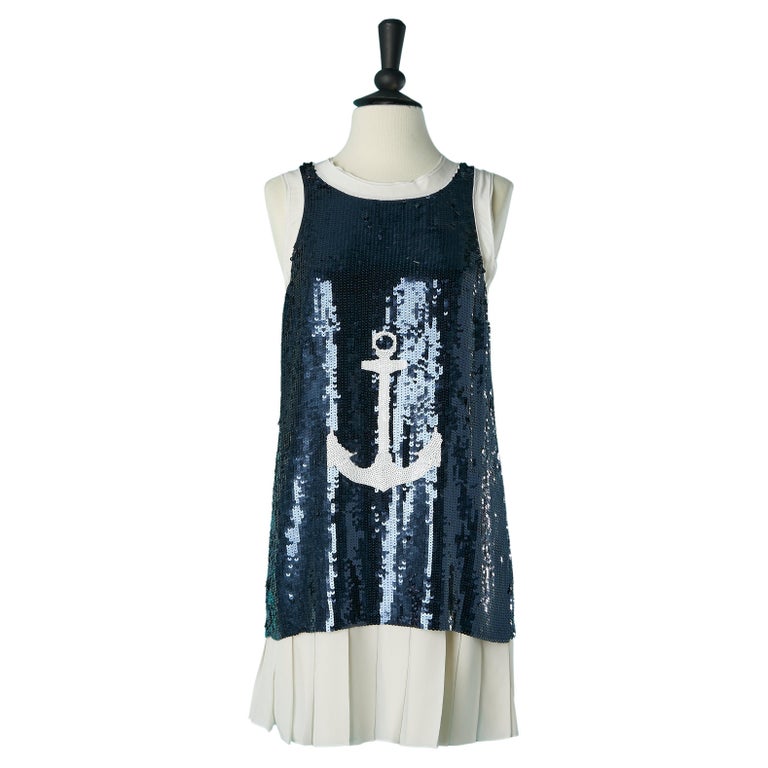 Mini dress in blue sequin with Anchor pattern and pleated bottom edge D&G
