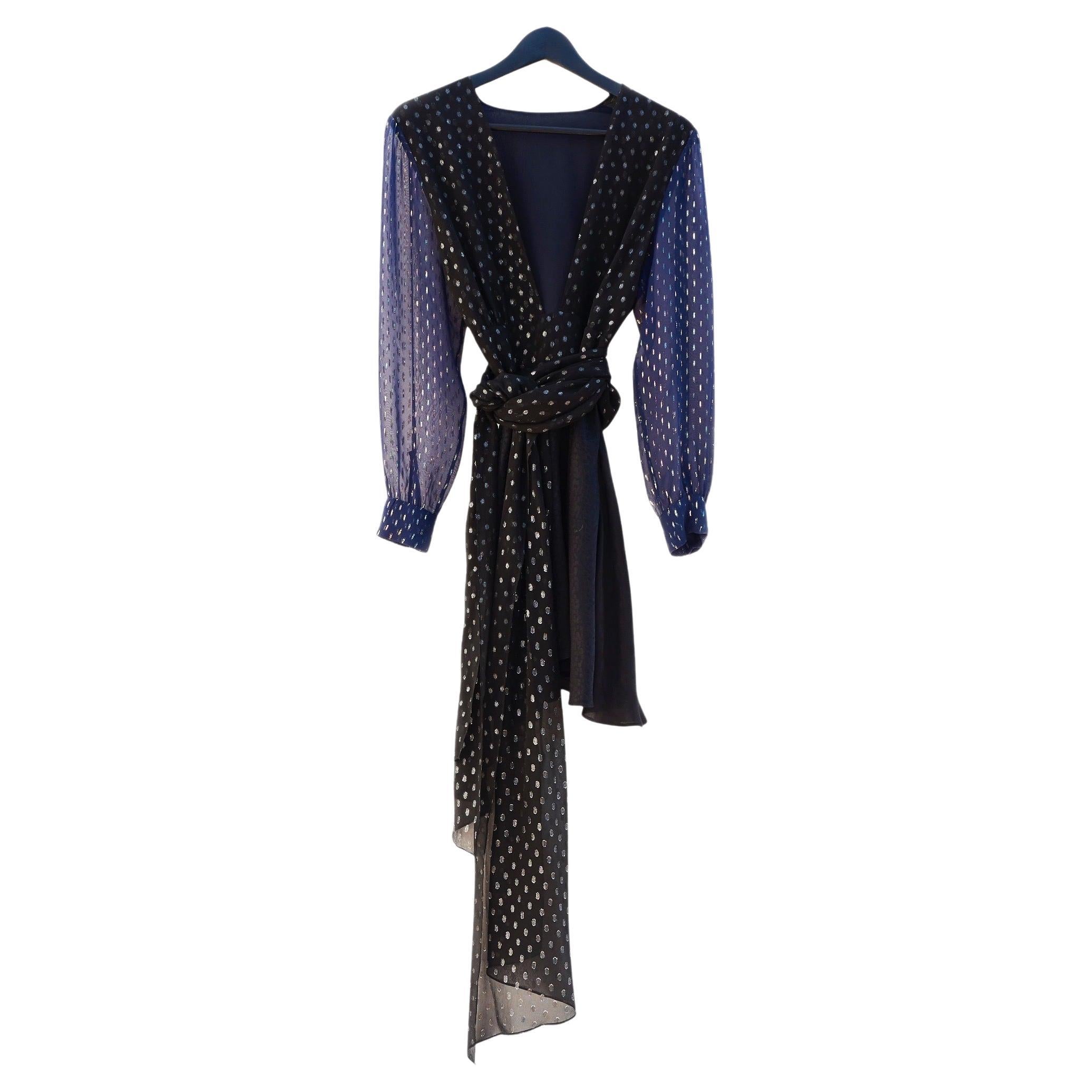 Mini Dress Printed Sheer Belt 100% Silk Patchwork Pastel Black Deep V J Dauphin 6