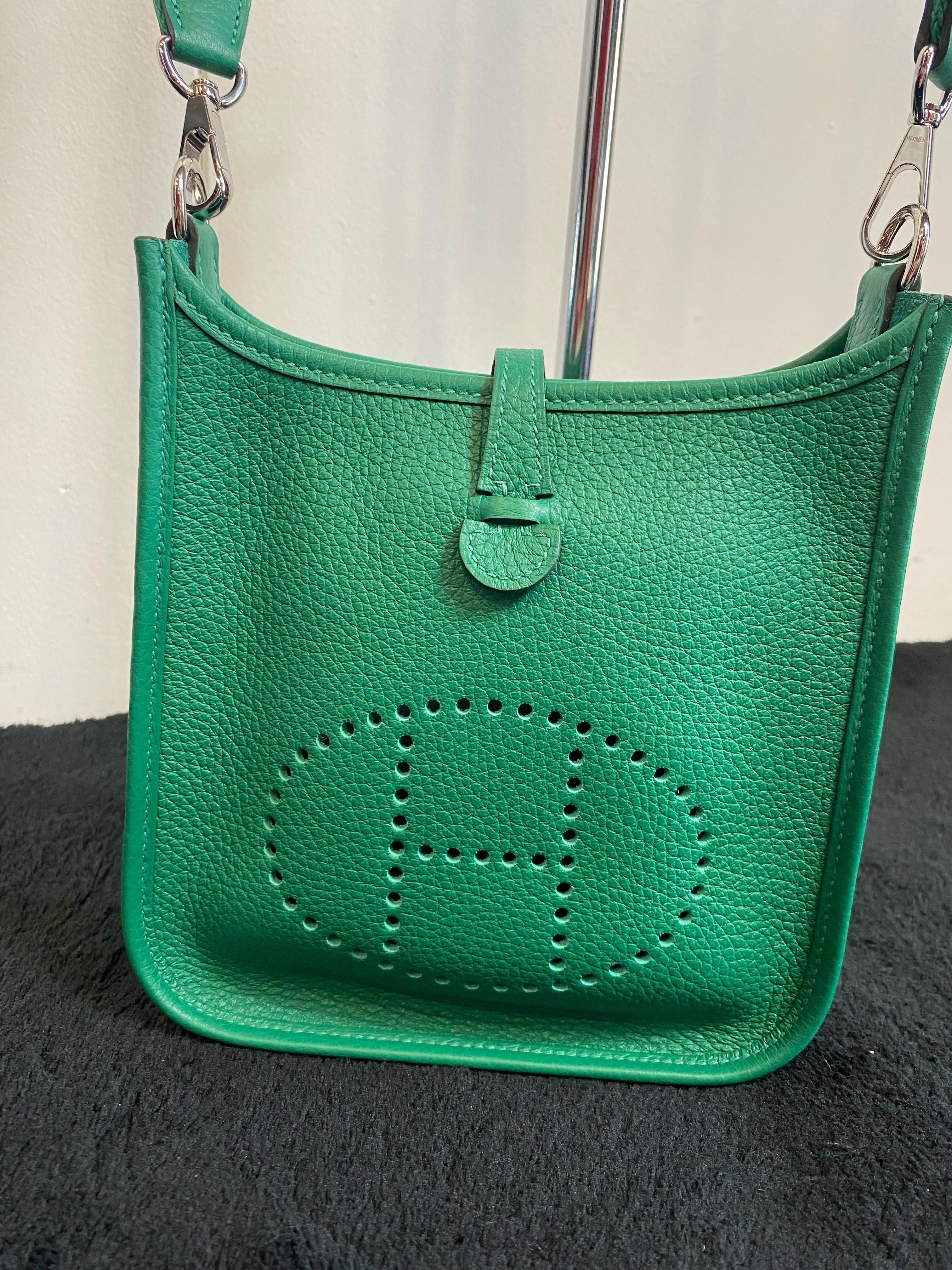 Mini-Evelyne-Tasche in schönem Grün aus der neuesten Collection'S.
Silberne Hardware.
In perfektem, neuwertigem Zustand mit Staubbeutel und Originalverpackung.