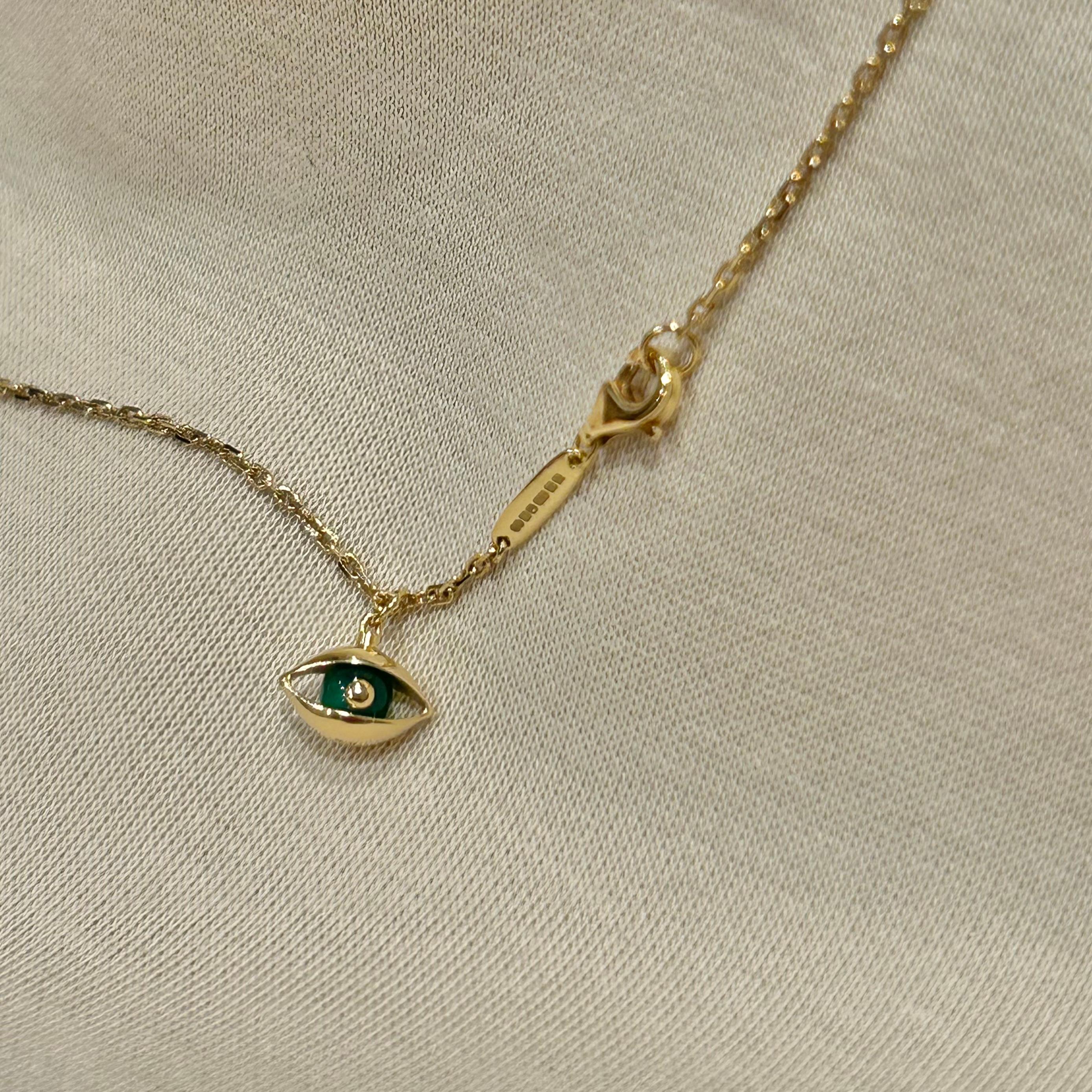 Bead Mini Eye Unisex Pendant Necklace 18 Karat Yellow Gold Green Chalcedony For Sale