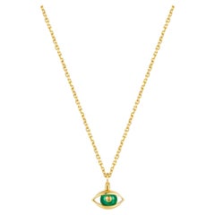 Mini Eye Unisex Pendant Necklace 18 Karat Yellow Gold Green Chalcedony