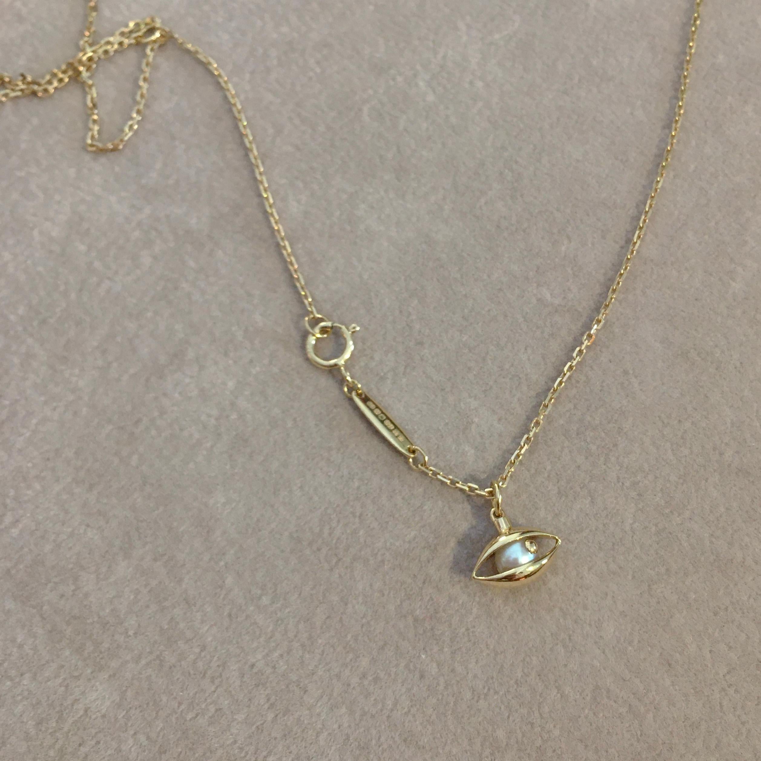 Artisan Mini Eye Unisex Pendant Necklace 18 Karat Yellow Gold white Pearl For Sale
