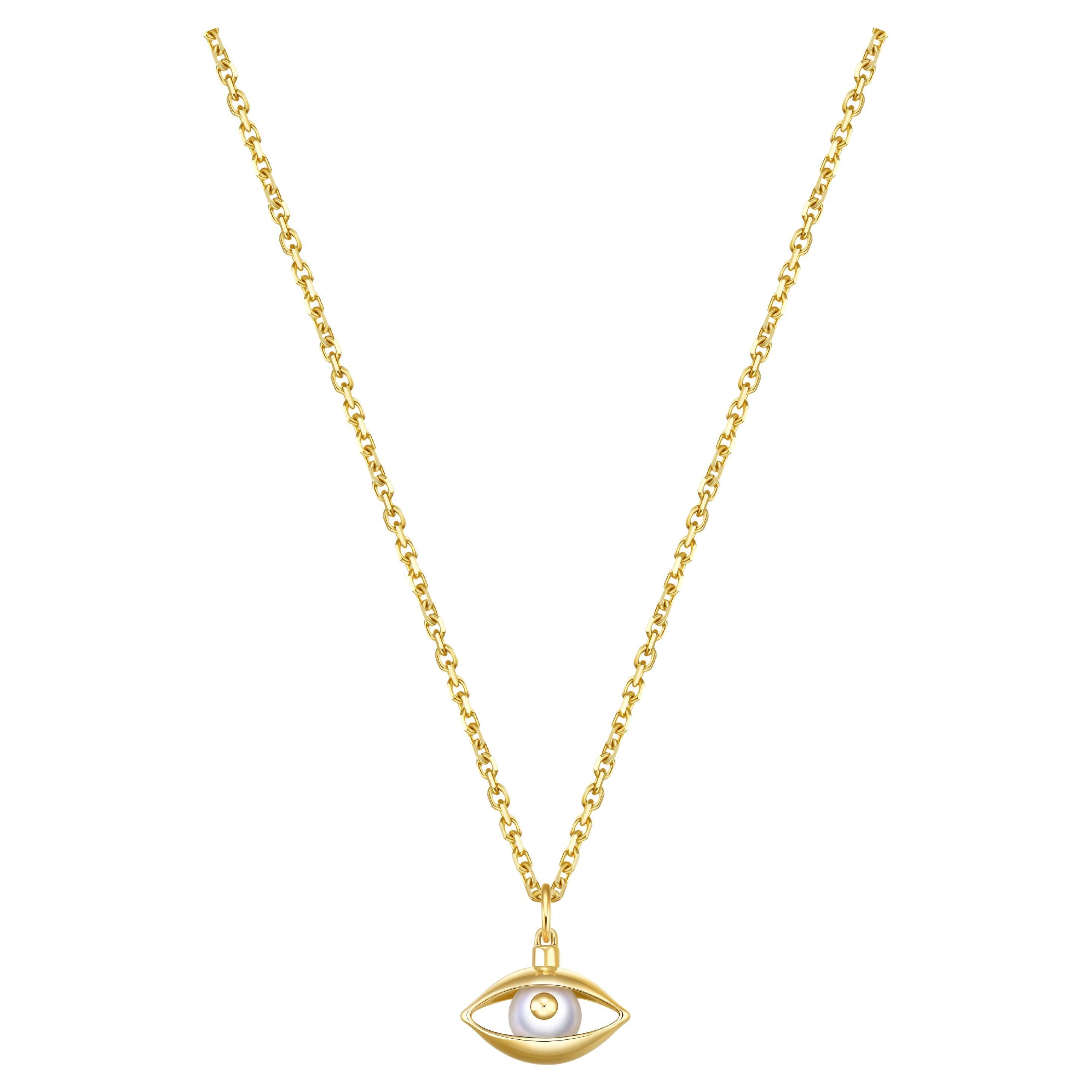 Mini Eye Unisex Pendant Necklace 18 Karat Yellow Gold white Pearl For Sale