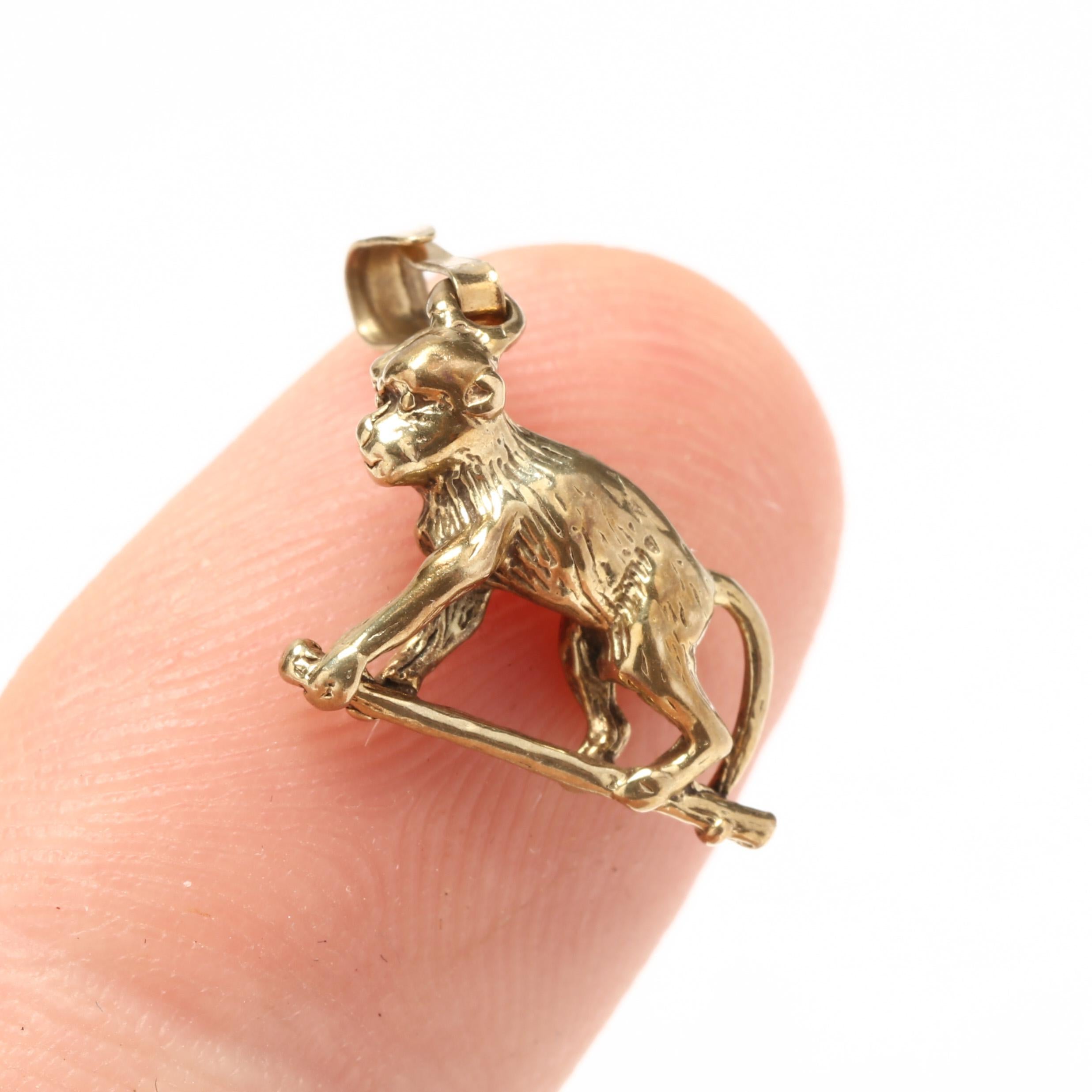 Mini Gold Monkey Charm, 14KT Yellow Gold, Climbing Money Charm In Good Condition In McLeansville, NC