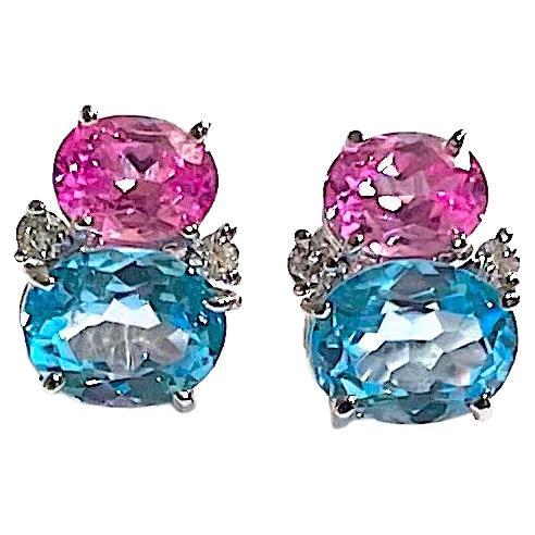Mini GUM DROP Earrings with Deep Blue Topaz and Pink Topaz and Diamonds For Sale 6
