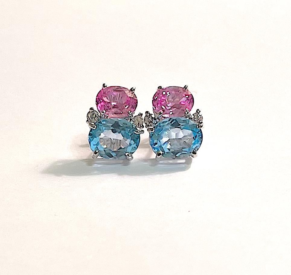 Mini GUM DROP Earrings with Deep Blue Topaz and Pink Topaz and Diamonds For Sale 11