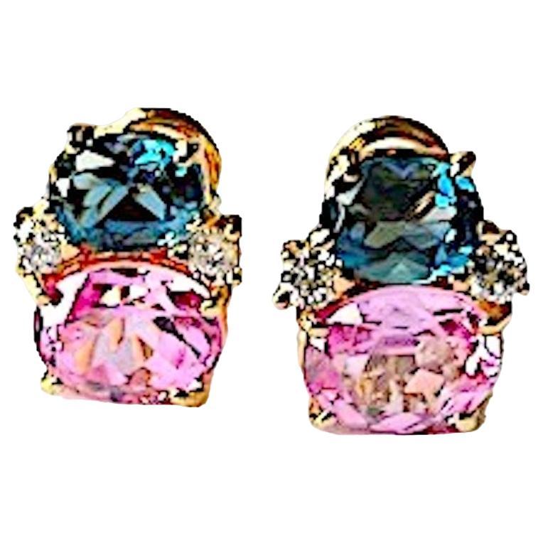 Christina Addison bespoke Mini 18kt Yellow gold GUM DROP™ earrings with faceted Deept Blue Topaz (approximately 2 cts each), Faceted Pink Topaz (approximately 3 cts each), and 4 diamonds weighing ~ 0.20 cts.  

Specifications: Height: 5/8
