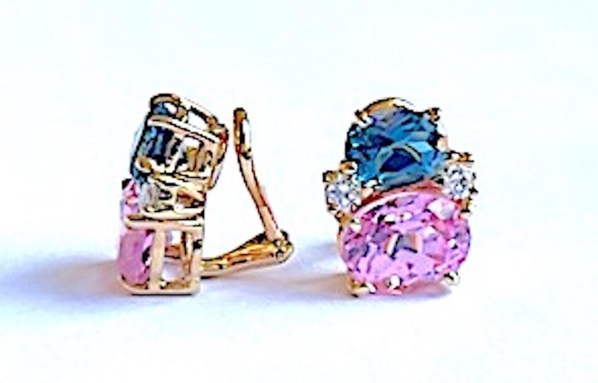 Contemporary Mini GUM DROP Earrings with Deep Blue Topaz and Pink Topaz and Diamonds For Sale