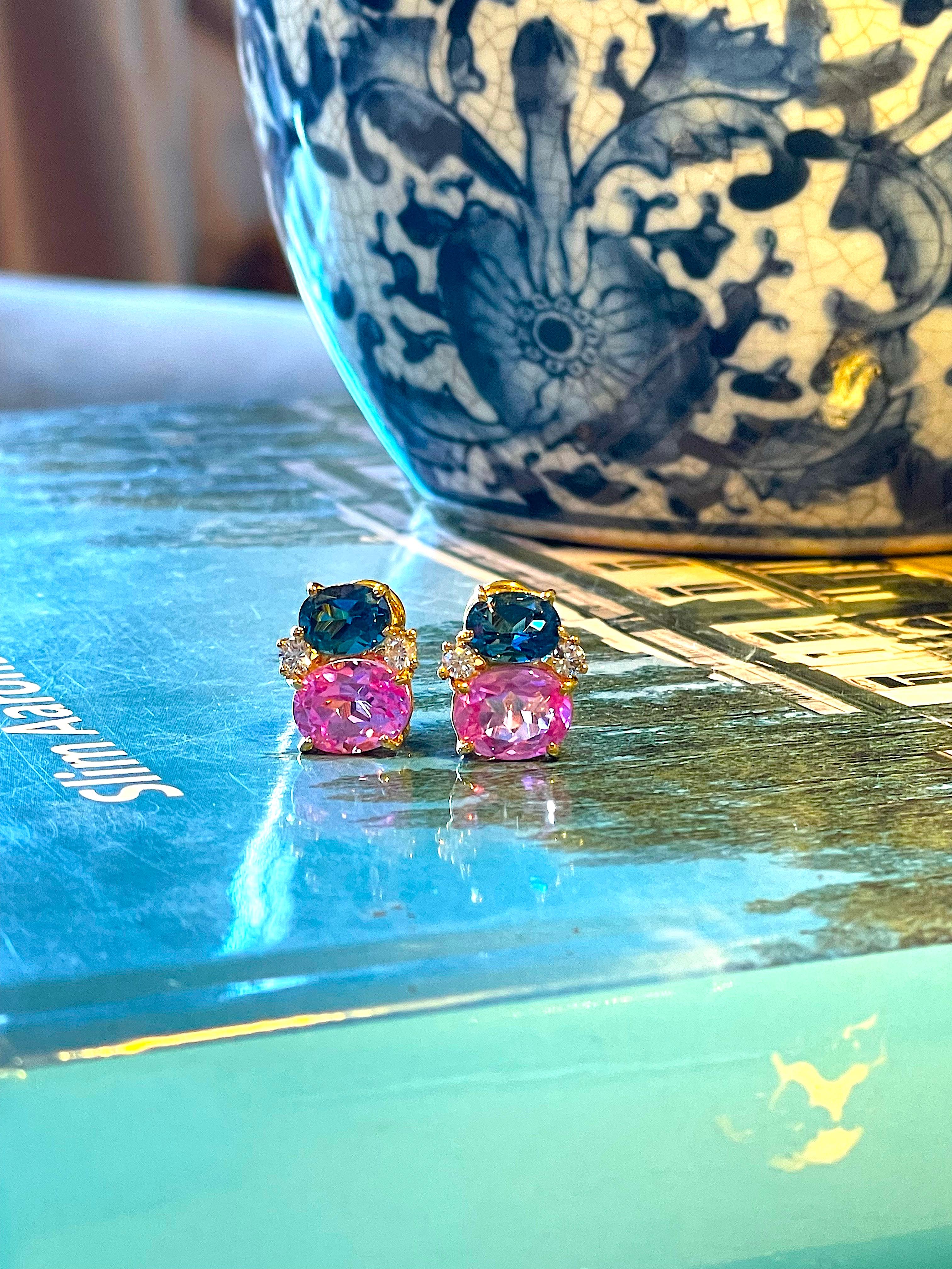 Mini GUM DROP Earrings with Deep Blue Topaz and Pink Topaz and Diamonds In New Condition For Sale In New York, NY