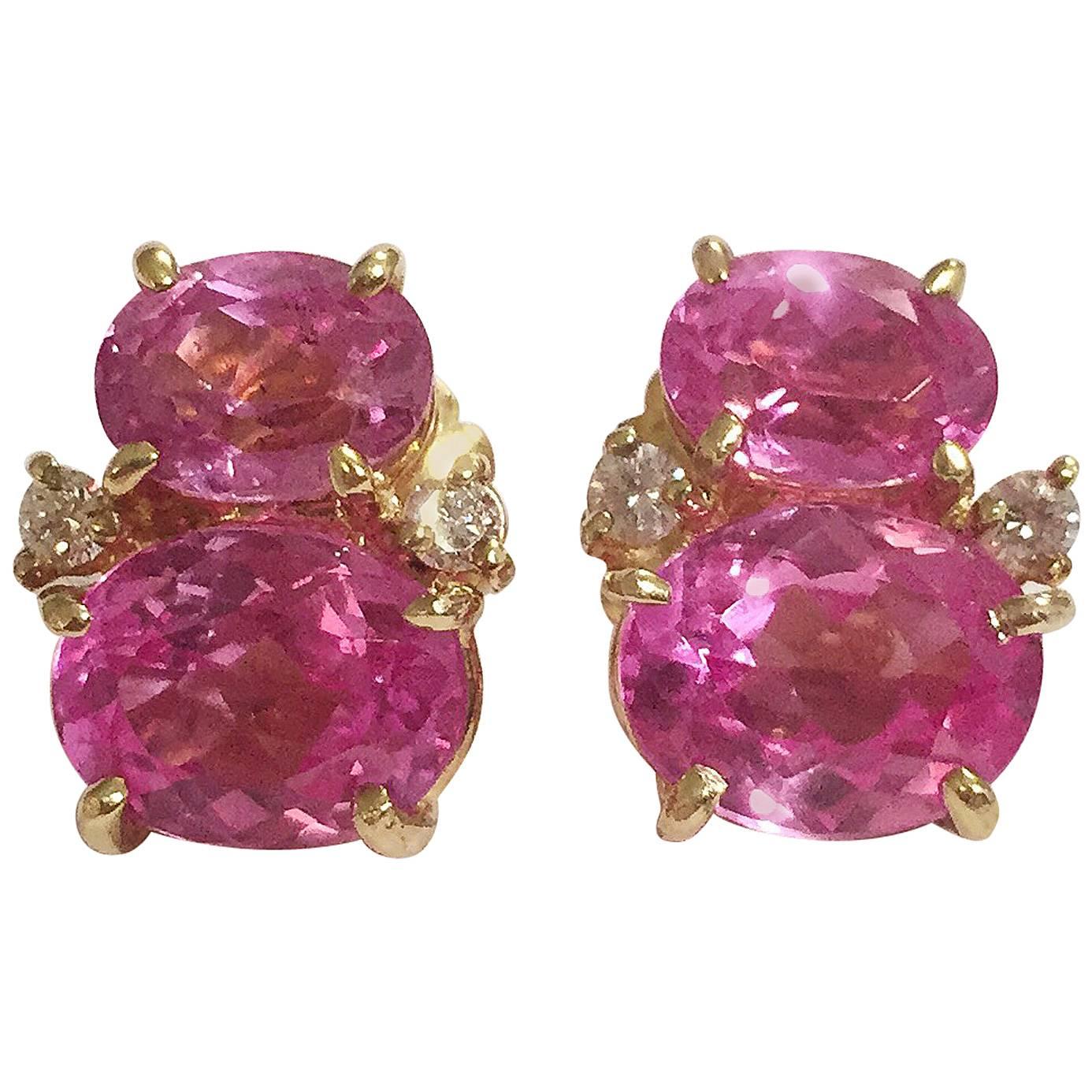 Mini GUM DROP Earrings with Deep Blue Topaz and Pink Topaz and Diamonds For Sale 3