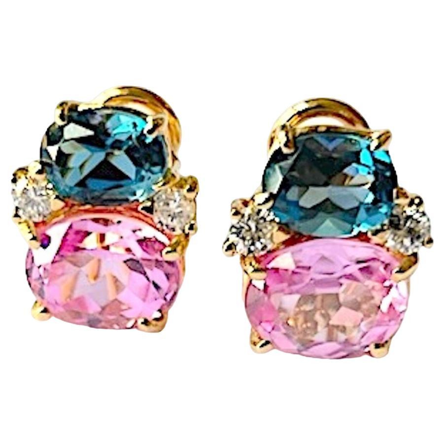 Mini GUM DROP Earrings with Deep Blue Topaz and Pink Topaz and Diamonds For Sale