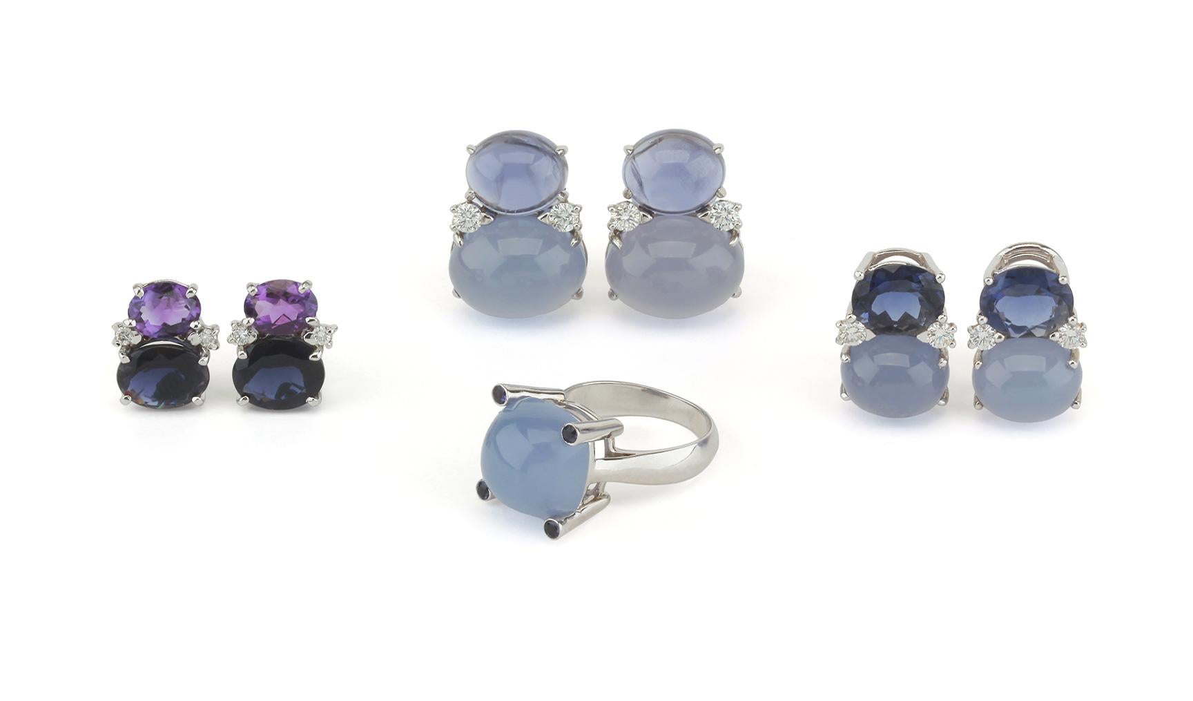 Mini GUM DROP Iolite and Cabochon Chalcedony and Diamond Earrings For Sale 2