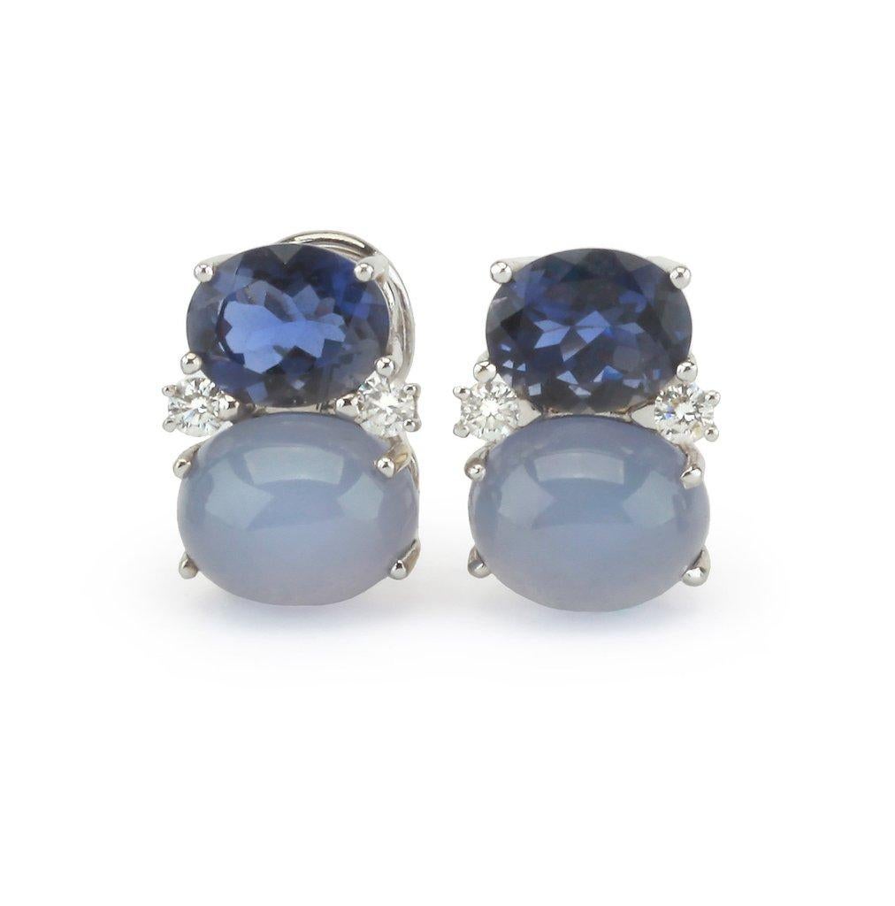 Mini GUM DROP Iolite and Cabochon Chalcedony and Diamond Earrings In New Condition For Sale In New York, NY