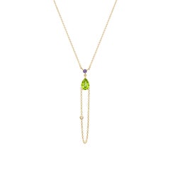 Mini Hanging Chain Pendant Necklace in 18Kt Gold with Peridot Iolitite Diamond