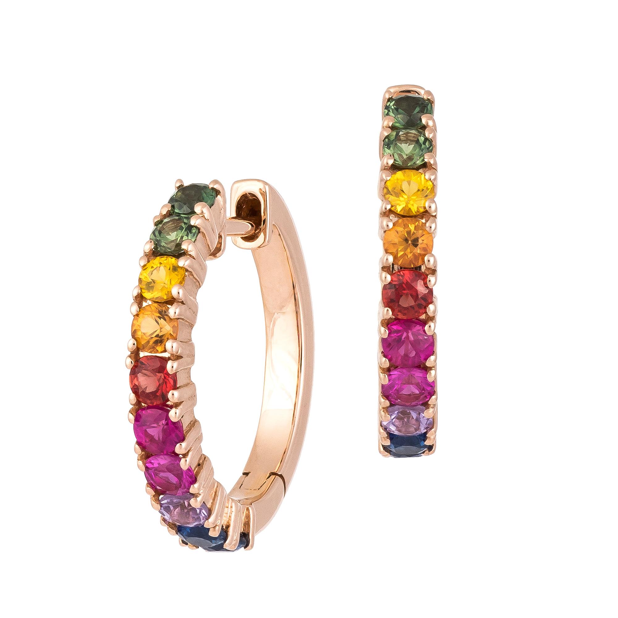 Mini Hoop Blue Green Red YellowSapphire Pink Gold 18K Earrings Diamond For Her In New Condition For Sale In Montreux, CH