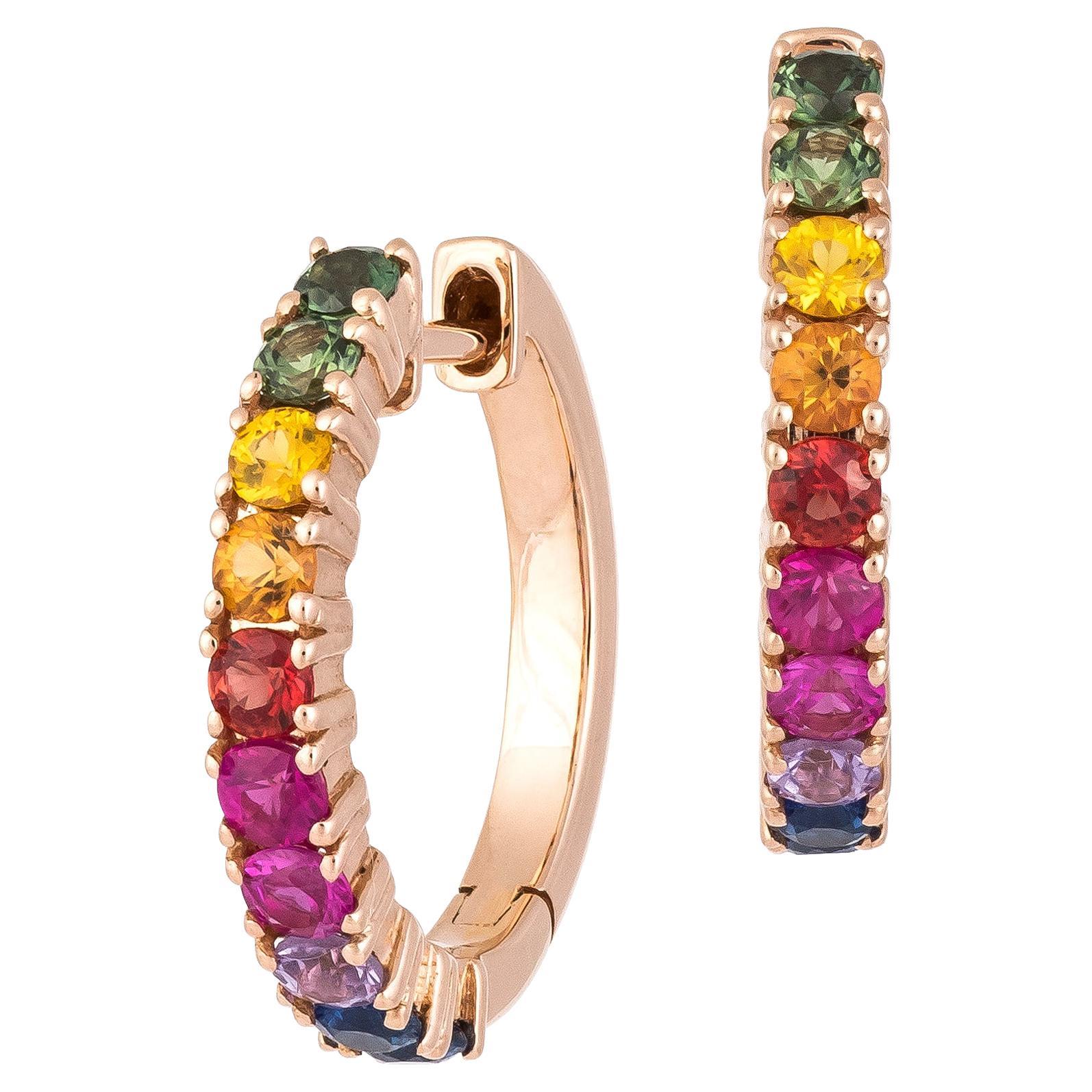 Mini Hoop Blue Green Red YellowSapphire Pink Gold 18K Earrings Diamond For Her For Sale