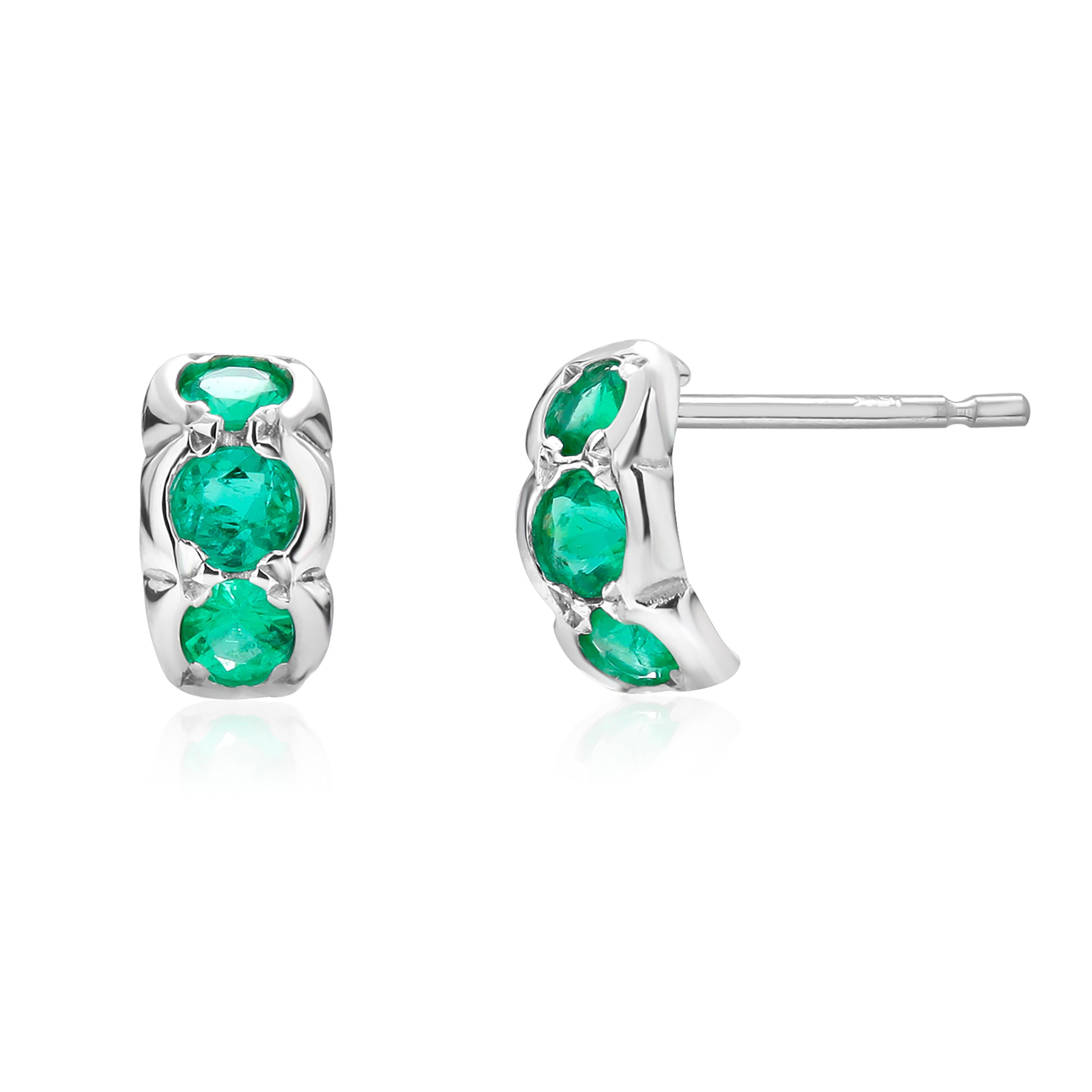 Contemporary Mini Hoop Emerald White Gold Stud Earrings