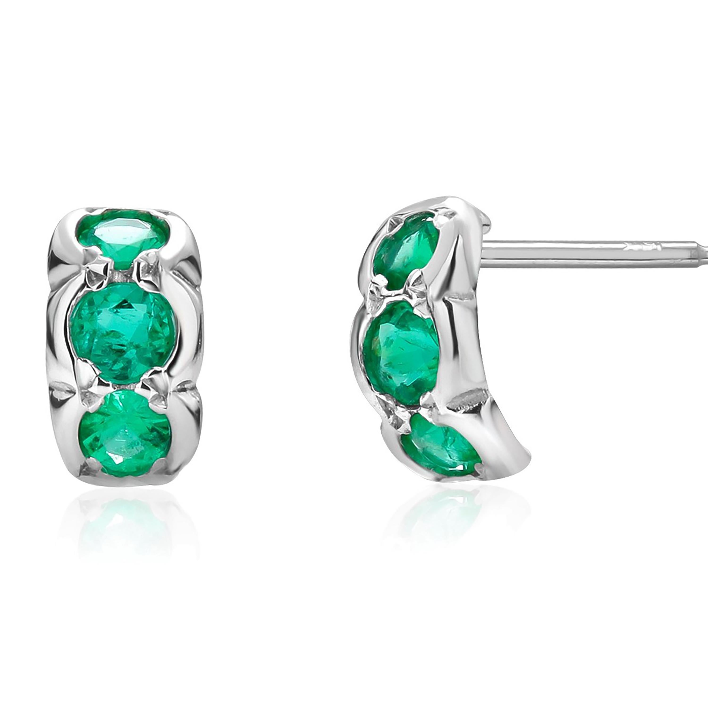 Round Cut Mini Hoop Emerald White Gold Stud Earrings