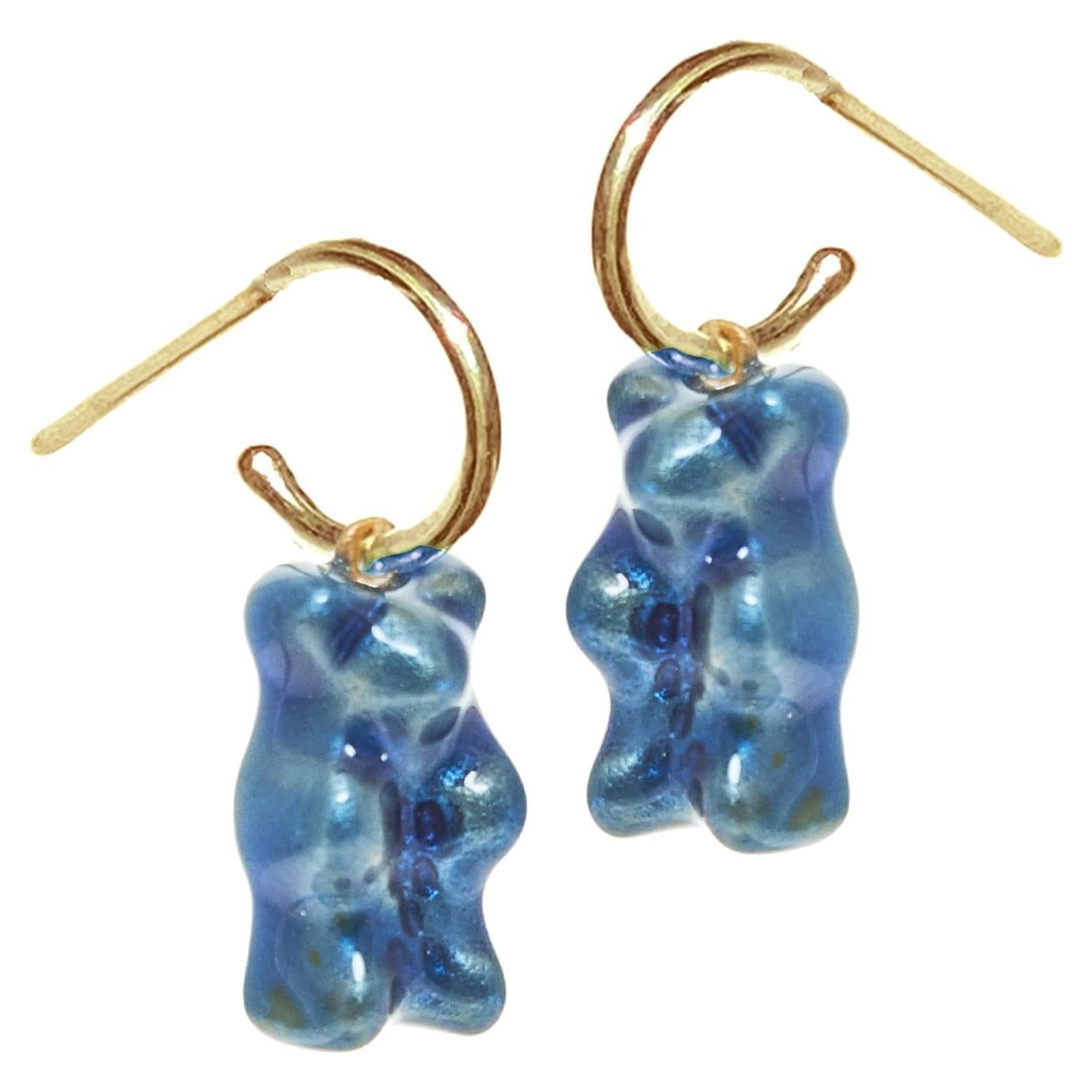 Mini Hoops Earrings Gummy Bears 18 Karat Gold-Plated Silver Blue Enamel Greek For Sale