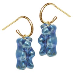 Mini Hoops Earrings Gummy Bears 18 Karat Gold-Plated Silver Blue Enamel Greek