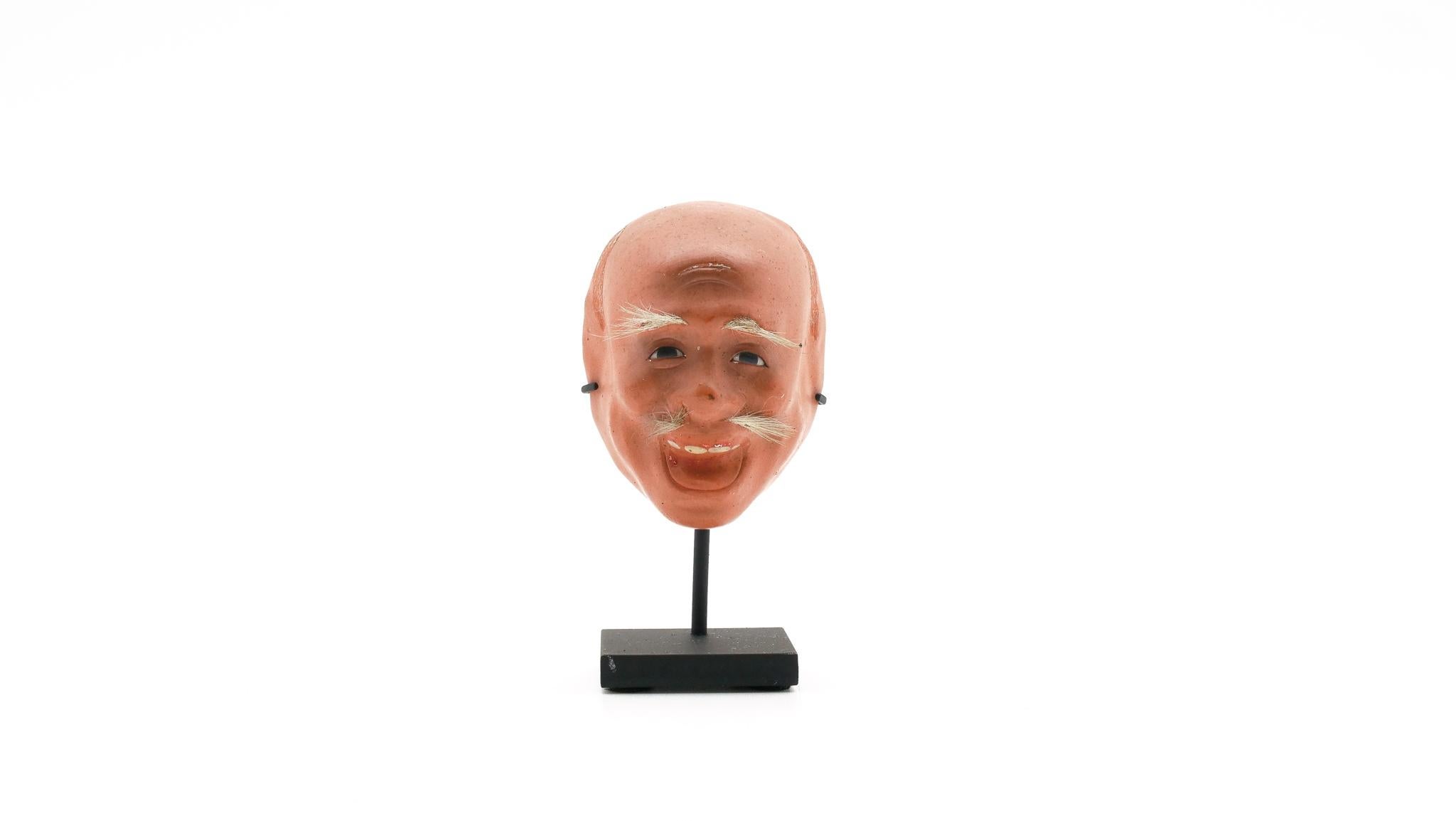 Mini Japanese Papier-Mâché Mask Mounted on Custom Painted Metal Base In Good Condition In New York, NY
