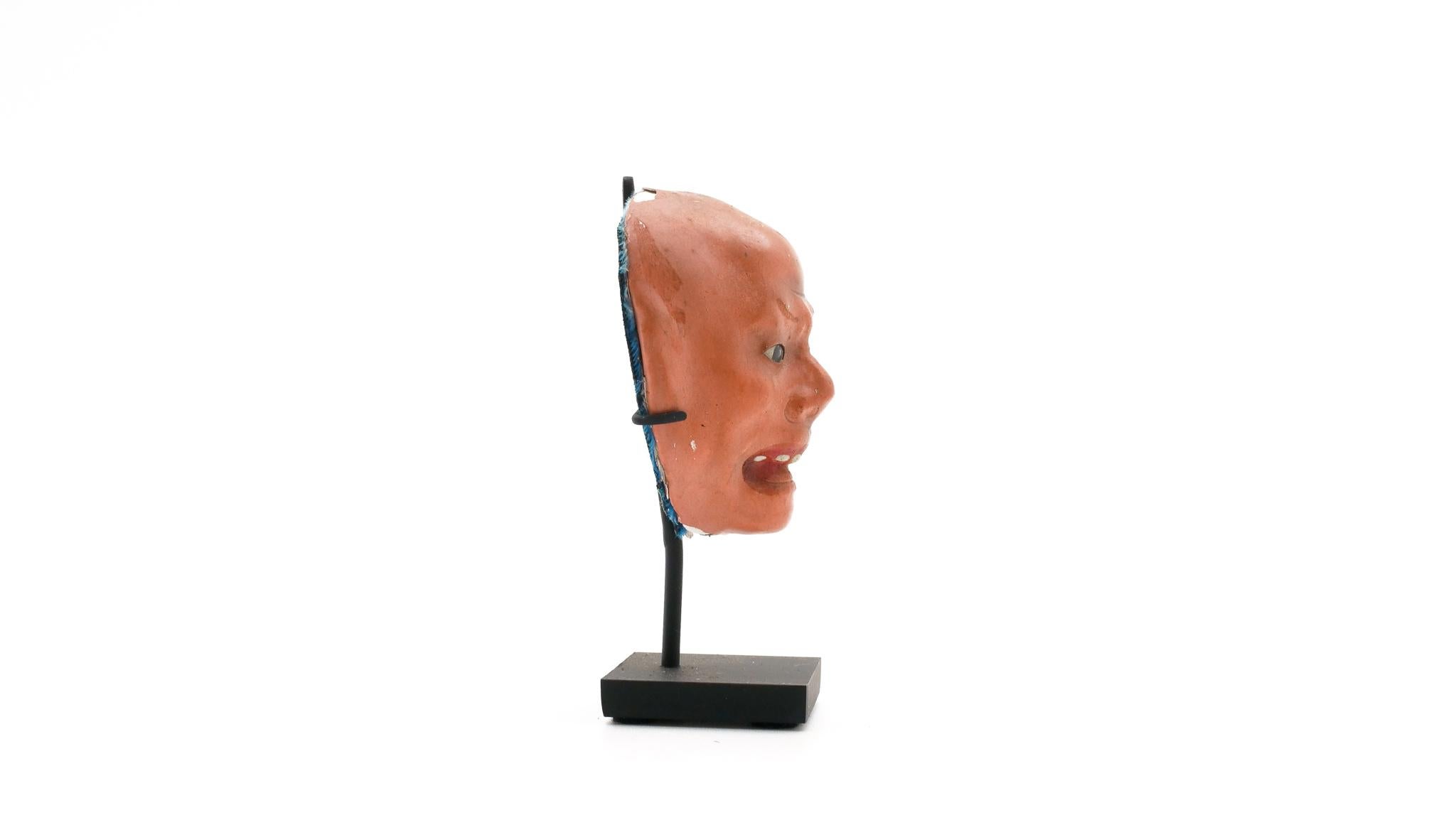 20th Century Mini Japanese Papier-mâché Mask Mounted on Custom Painted Metal Base For Sale
