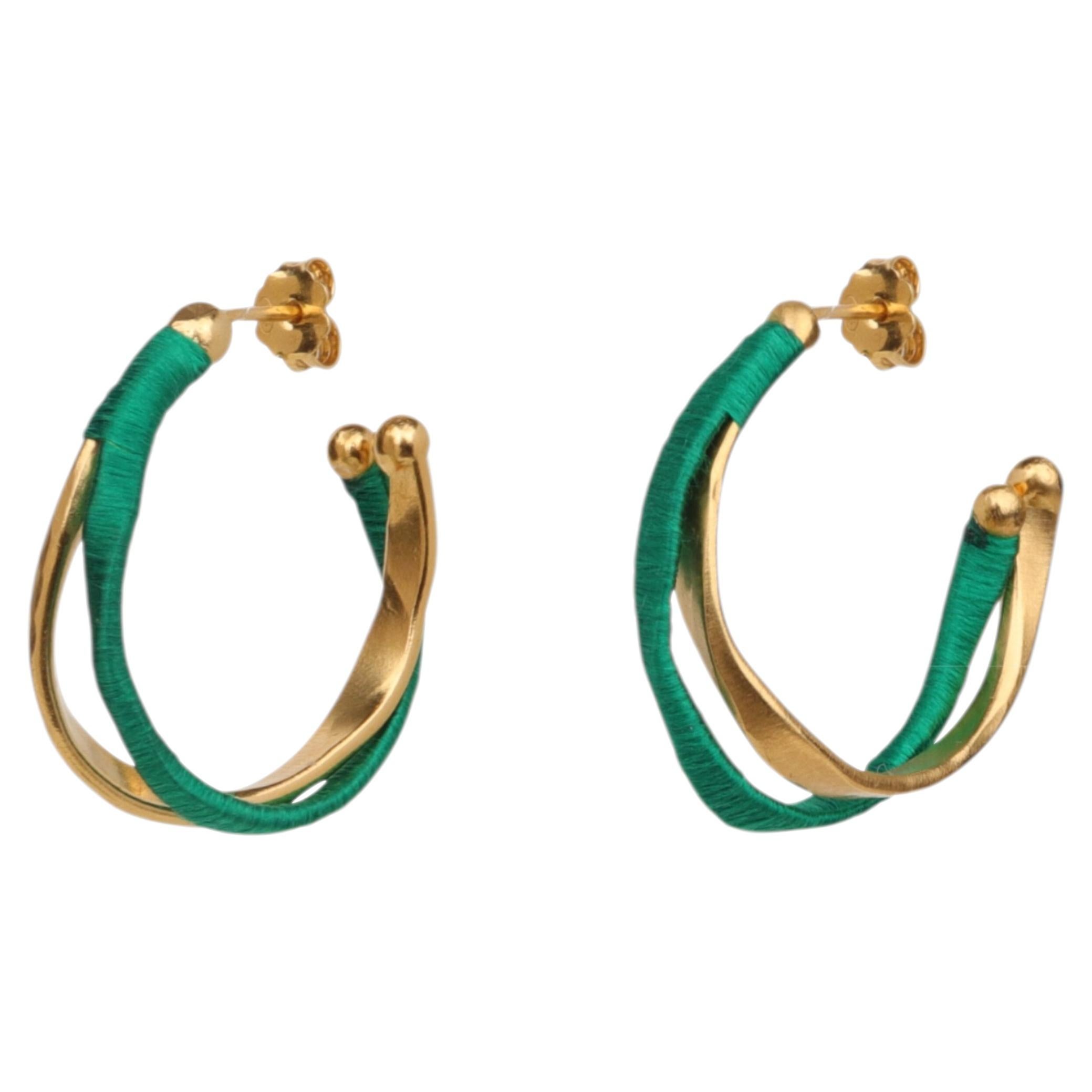 Mini Kyma Hoops in Emerald Green Silk & Vermeil Gold 24k by Katerina Makriyianni For Sale