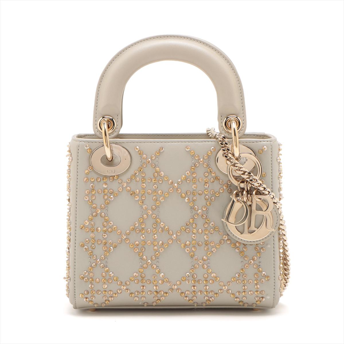 Mini Lady Dior Bag Platinum Metallic Cannage Lambskin with Beaded Embroidery In Good Condition For Sale In Indianapolis, IN