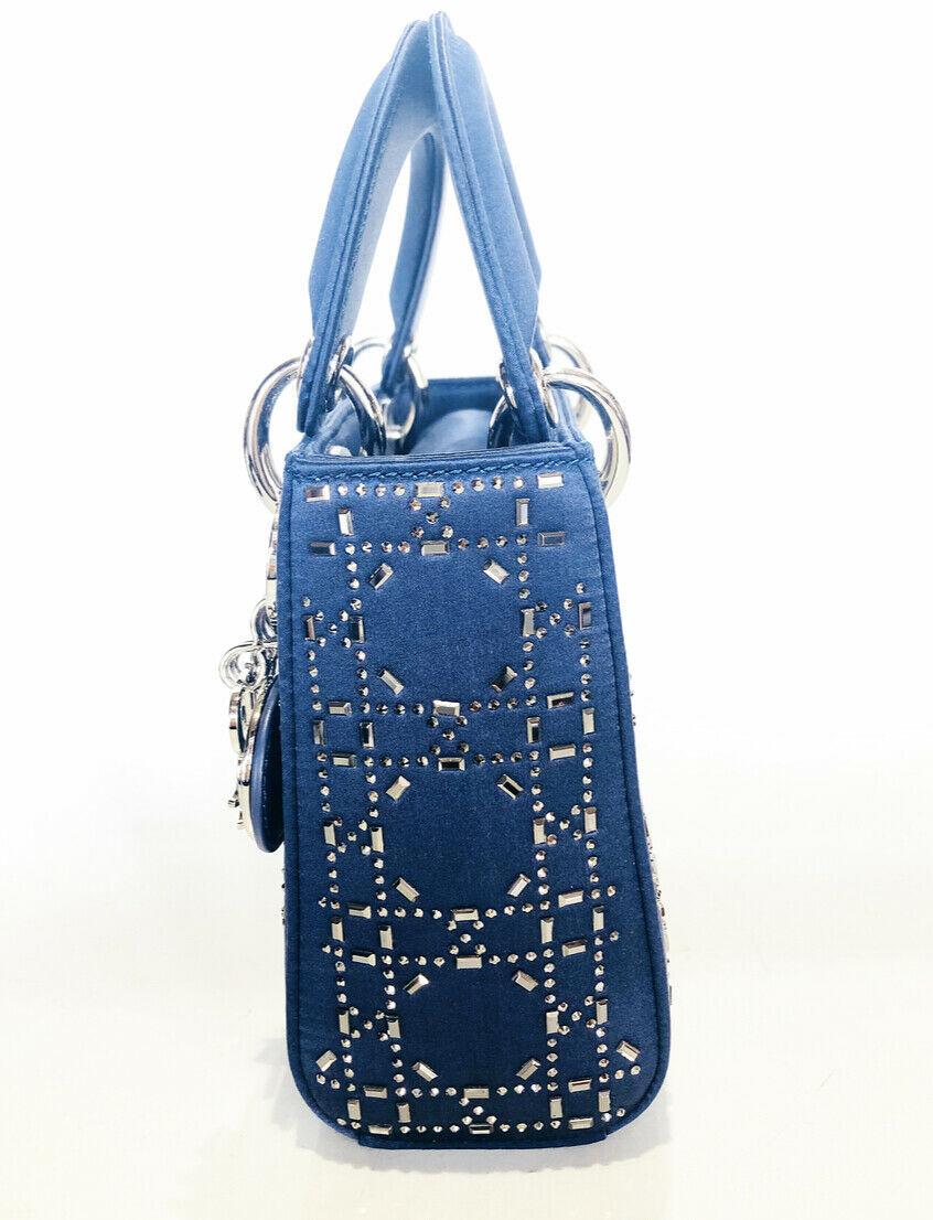 Mini Lady Dior Blue Cannage Satin w/ Rhinestones Handbag In New Condition In Beverly Hills, CA