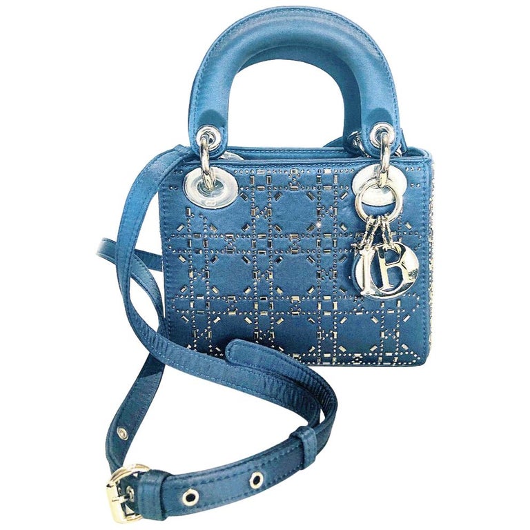 Mini Lady Dior Blue Cannage Satin w/ Rhinestones Handbag at 1stDibs