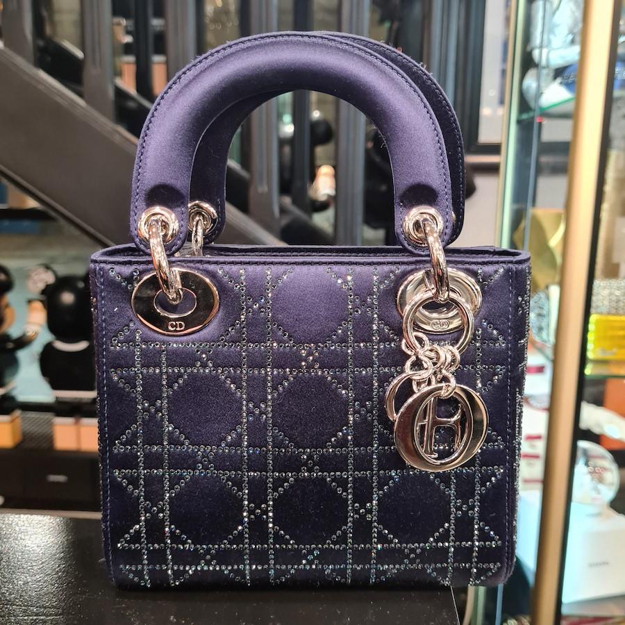 Mini Lady DIOR Handbag in Midnight Blue Satin Fabric and Rhinestones 1