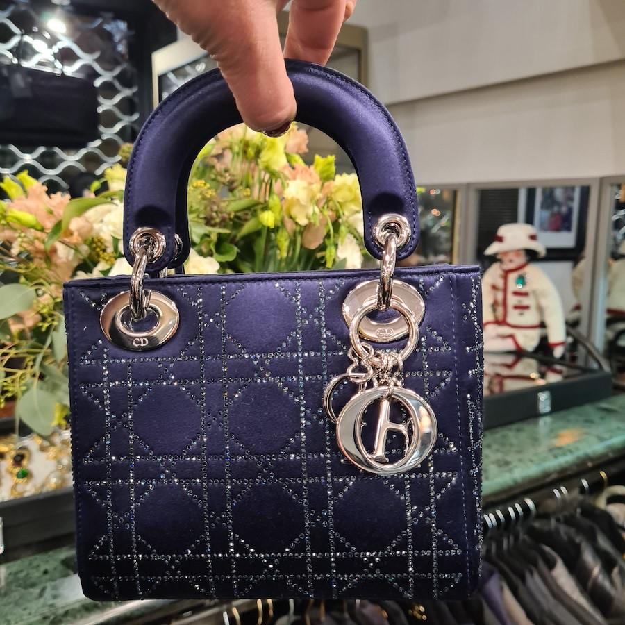 Mini Lady DIOR Handbag in Midnight Blue Satin Fabric and Rhinestones 2