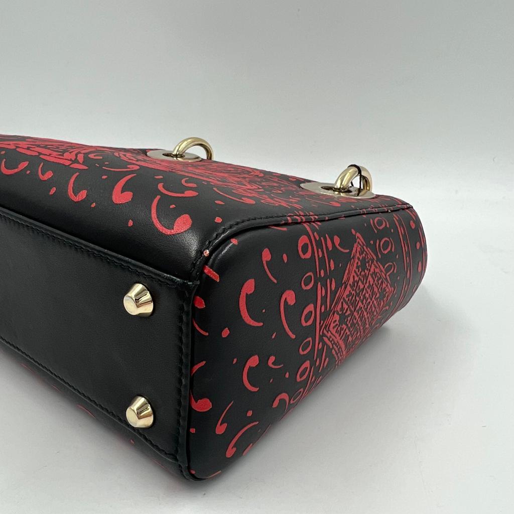 Black Mini Lady DIOR Limited Edition Handbag in Navy Blue and Red Leather